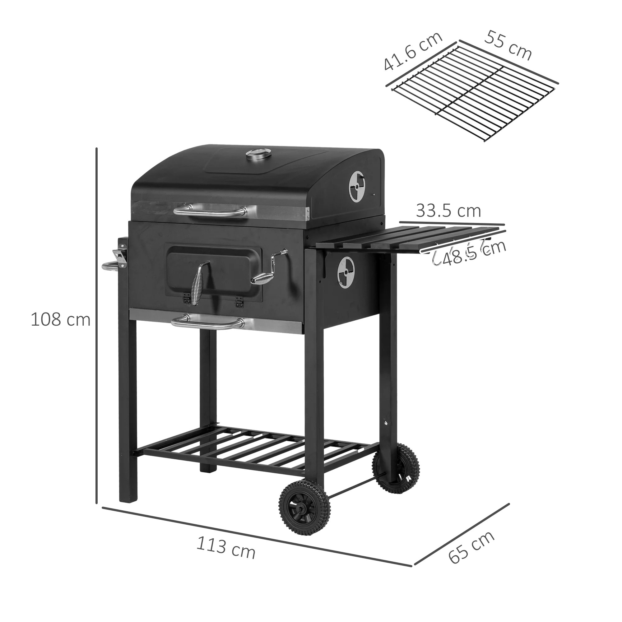 Charcoal Grill BBQ Trolley with Adjustable Charcoal Grate, Shelf, Side Table, Thermometer - Image 5