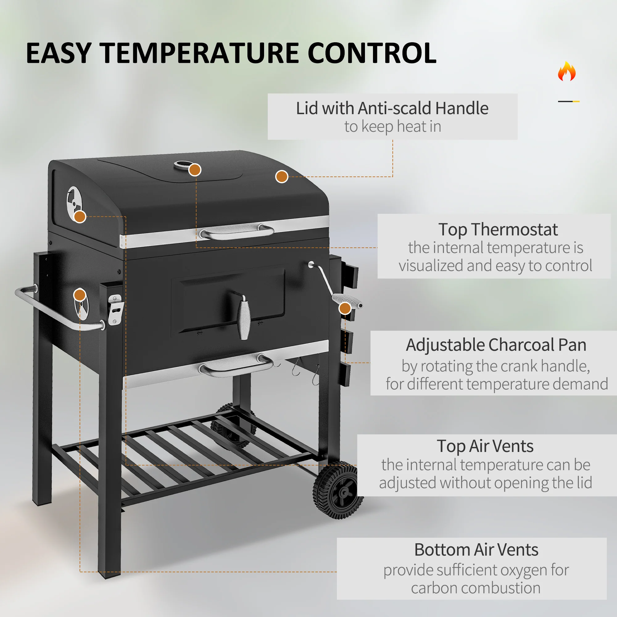 Charcoal Grill BBQ Trolley with Adjustable Charcoal Grate, Shelf, Side Table, Thermometer - Image 7