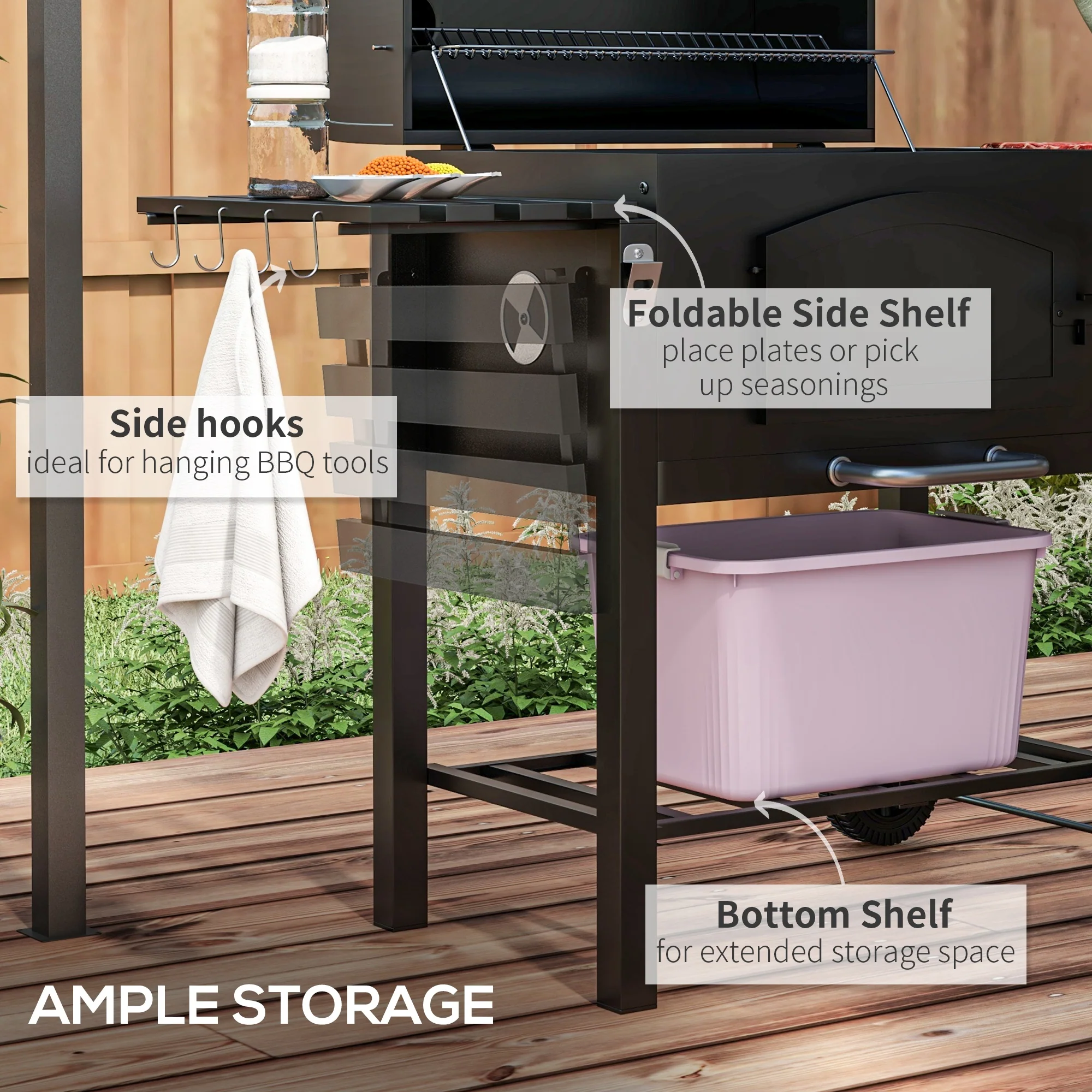 Charcoal Barbecue Grill Trolley with Folding Shelves, Thermometer on Lid, Black - Image 8