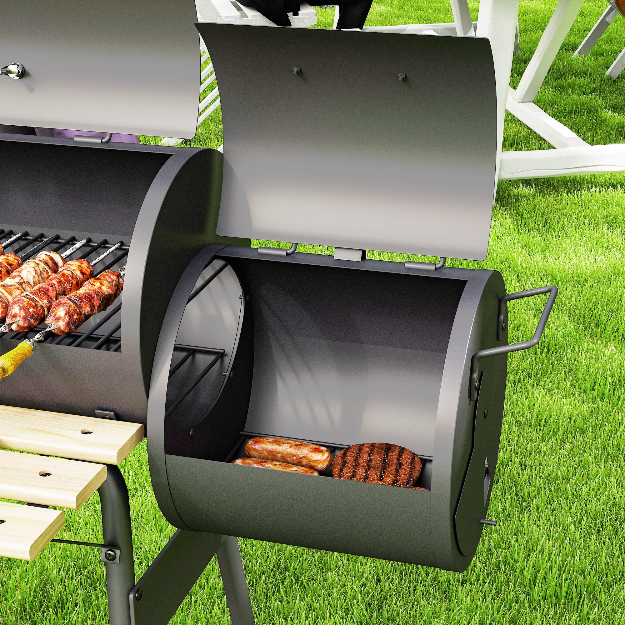 Charcoal Grill with Offset Smoker, Side Tables, Shelf, Thermometer & Wheels - Image 11