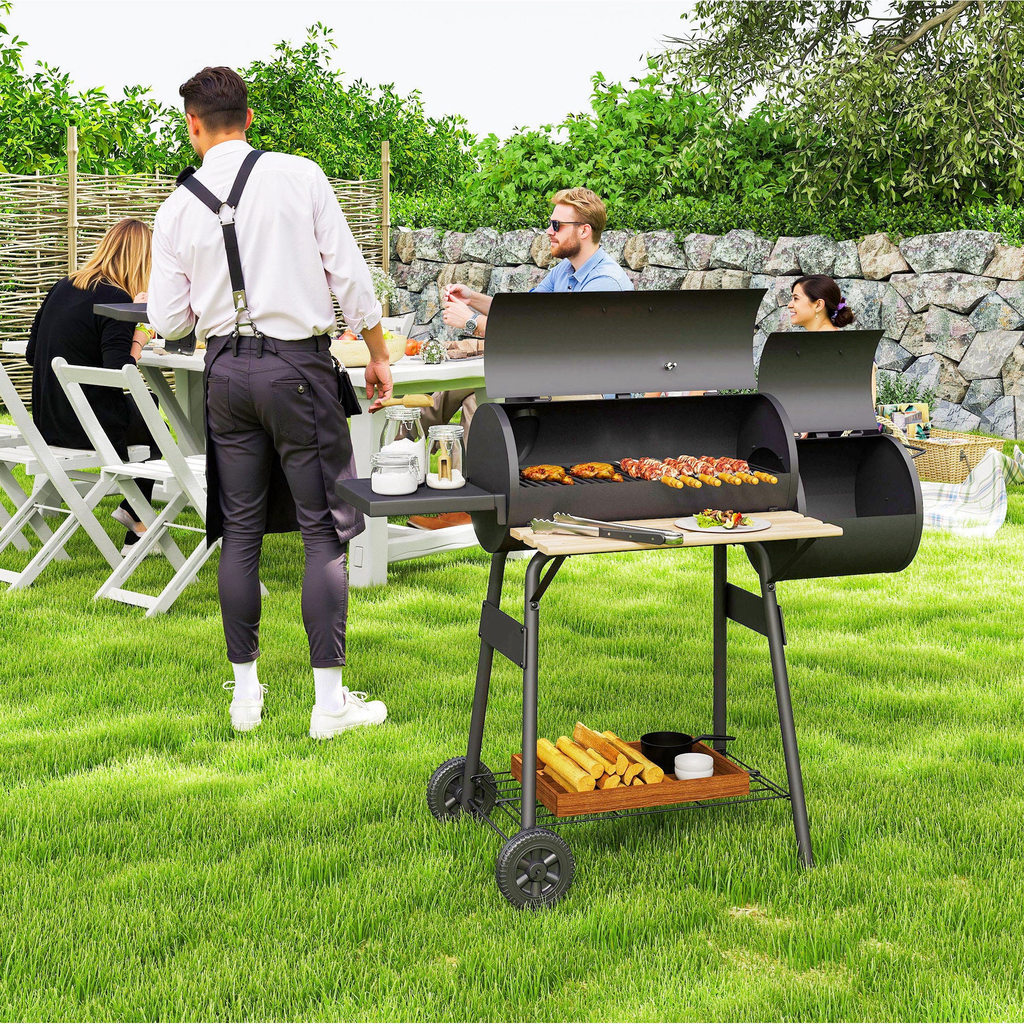 Charcoal Grill with Offset Smoker, Side Tables, Shelf, Thermometer & Wheels - Image 4