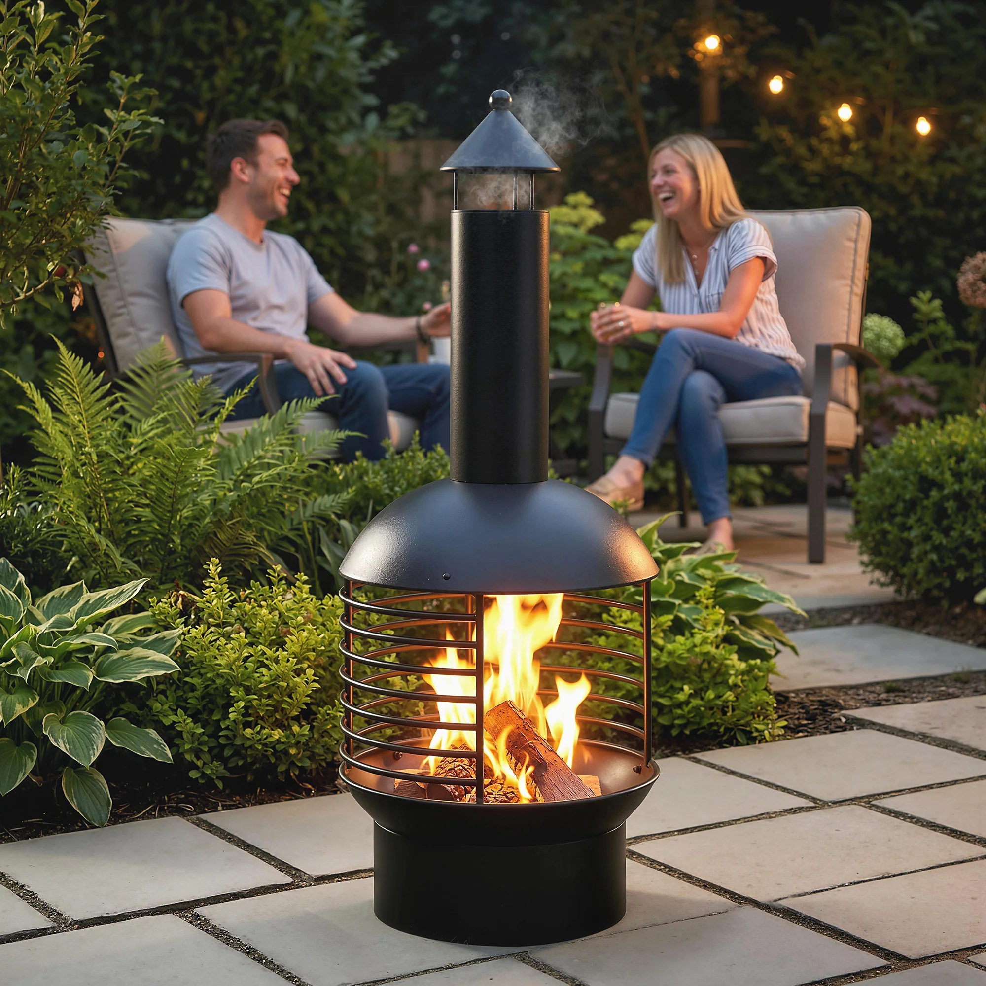 Chimney Fire Pit with Poker and Charcoal Grid, Black - Image 10