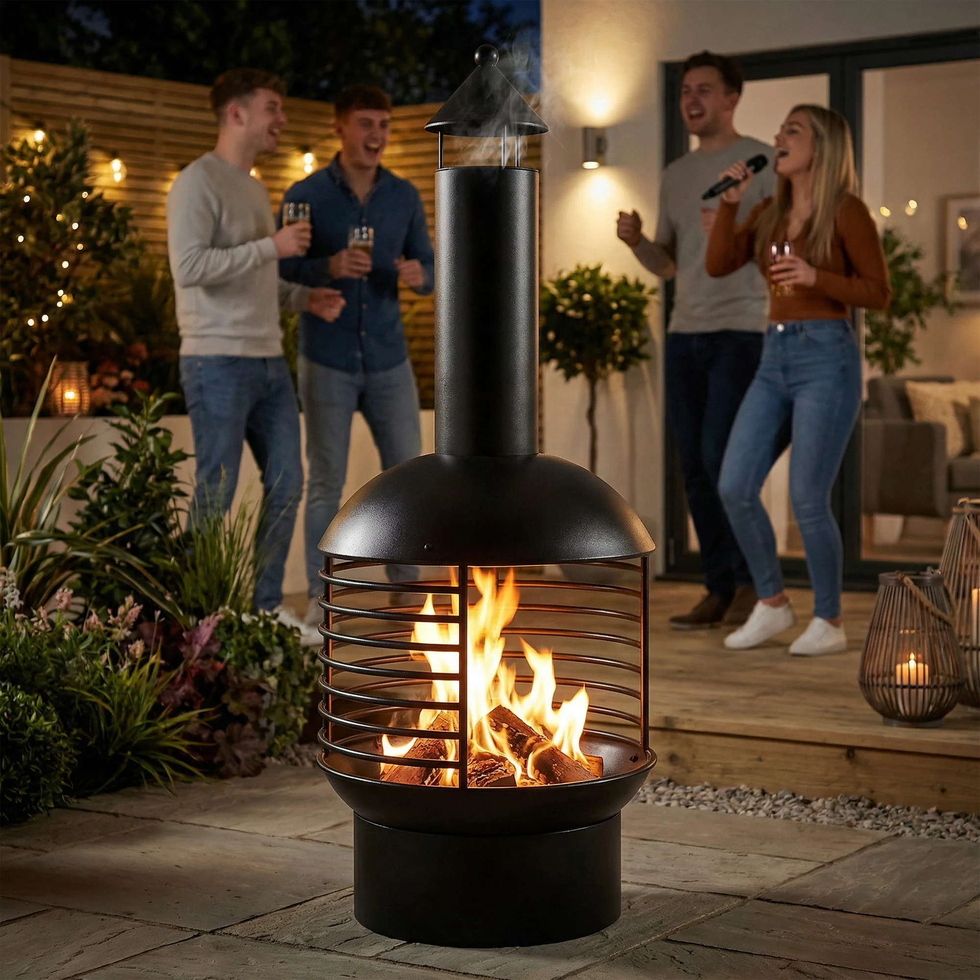 Chimney Fire Pit with Poker and Charcoal Grid, Black - Image 11
