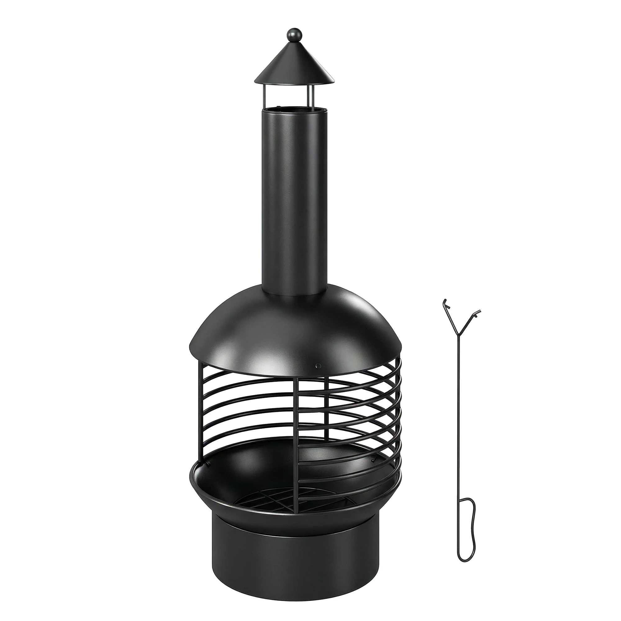 Chimney Fire Pit with Poker and Charcoal Grid, Black - Image 2