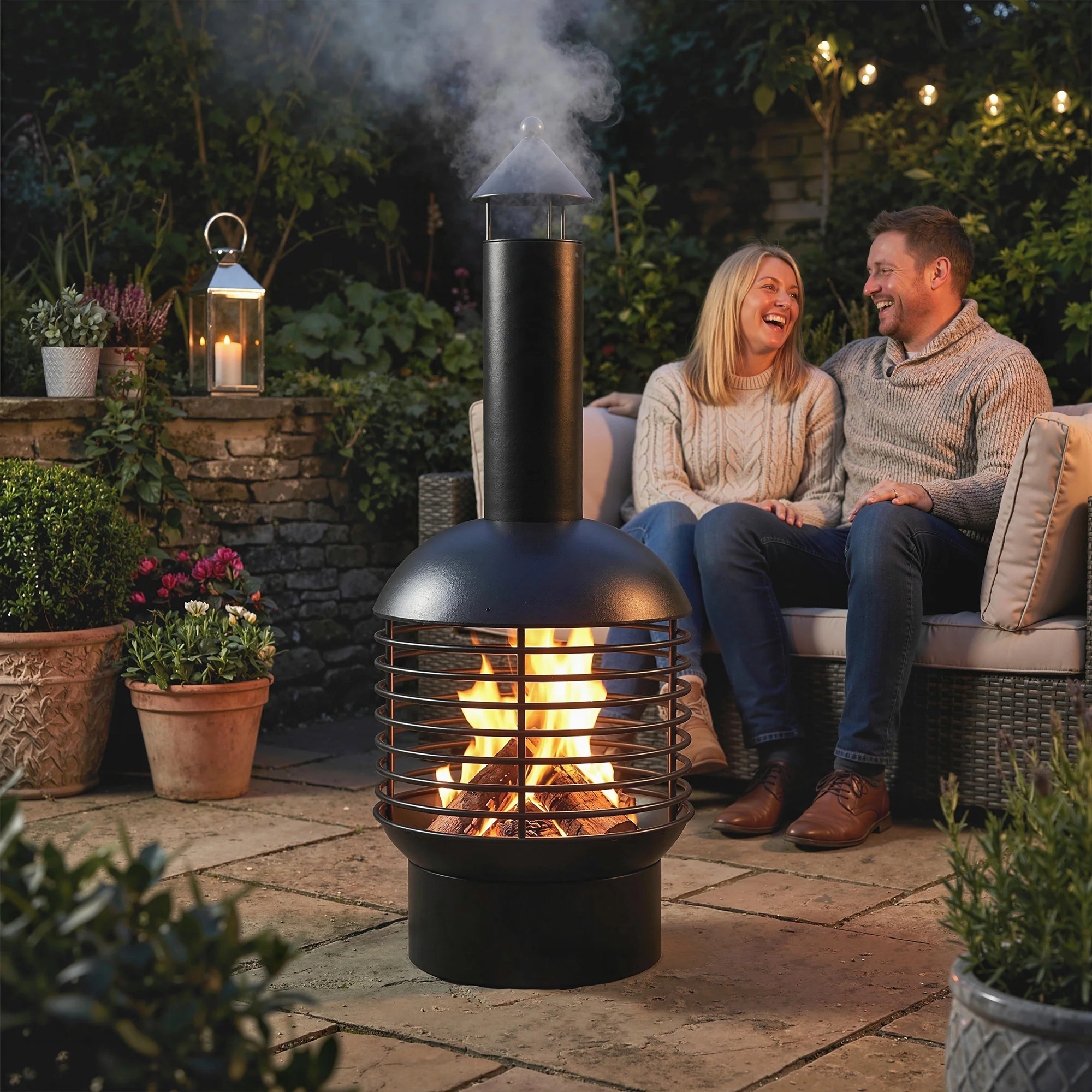 Chimney Fire Pit with Poker and Charcoal Grid, Black - Image 3