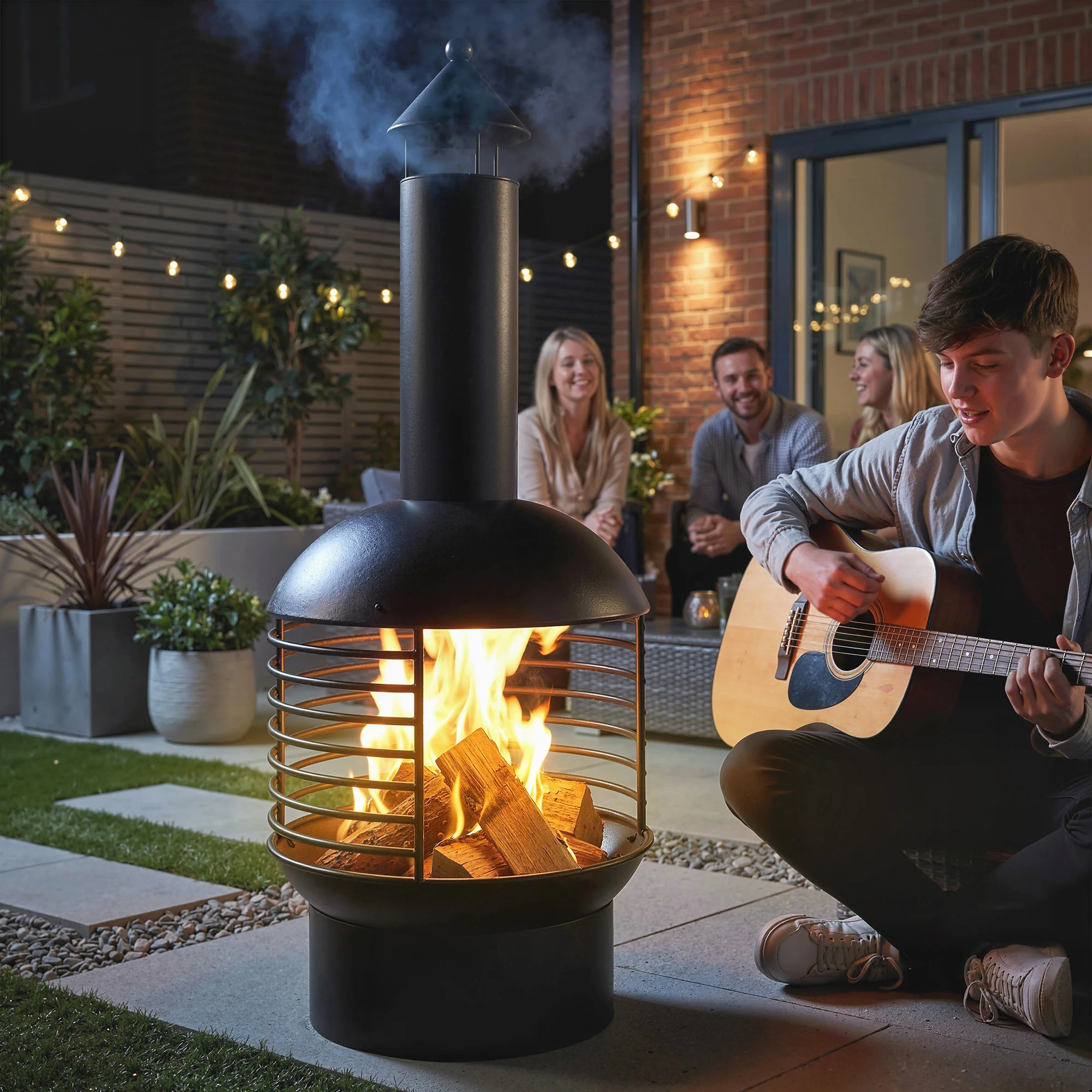 Chimney Fire Pit with Poker and Charcoal Grid, Black - Image 4