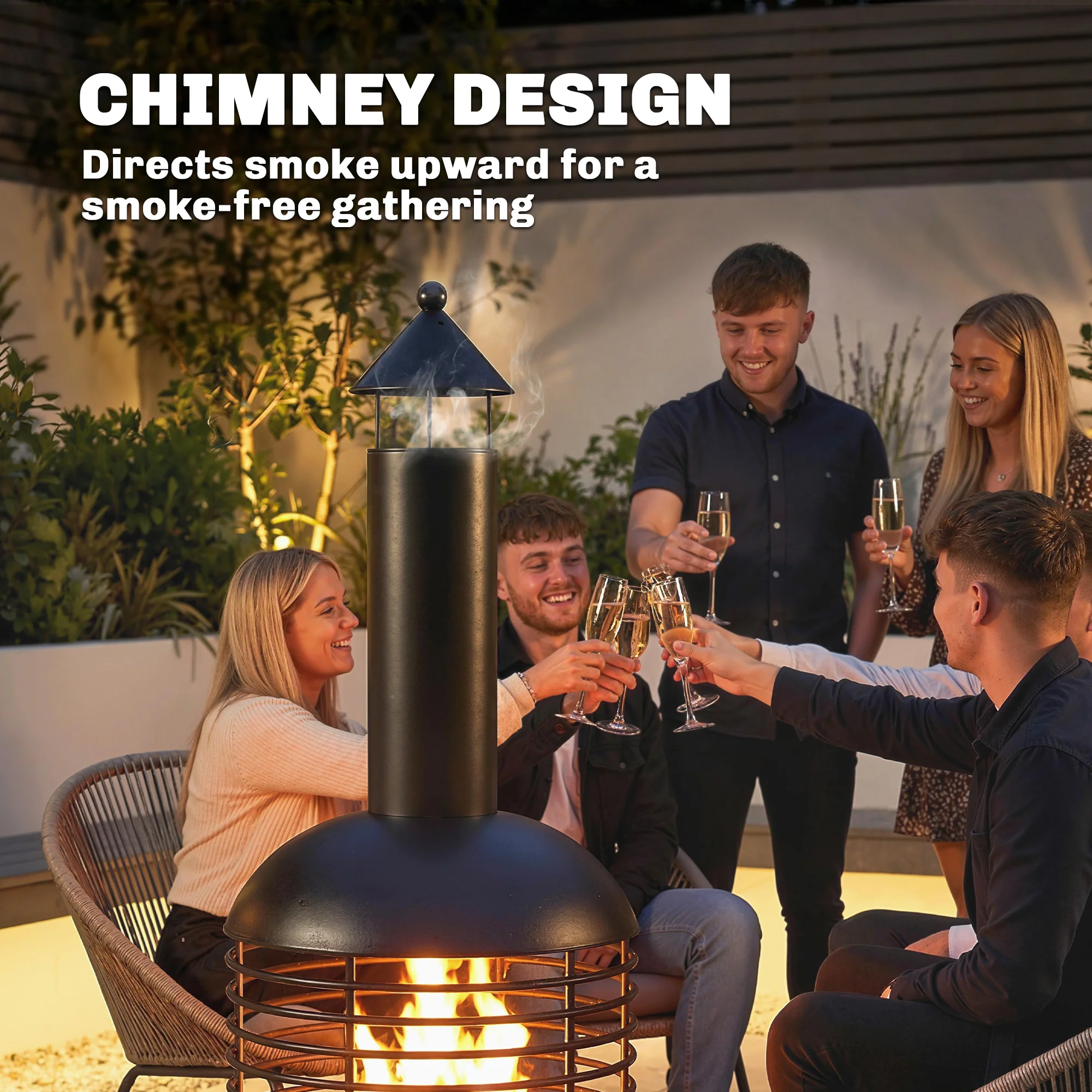 Chimney Fire Pit with Poker and Charcoal Grid, Black - Image 6