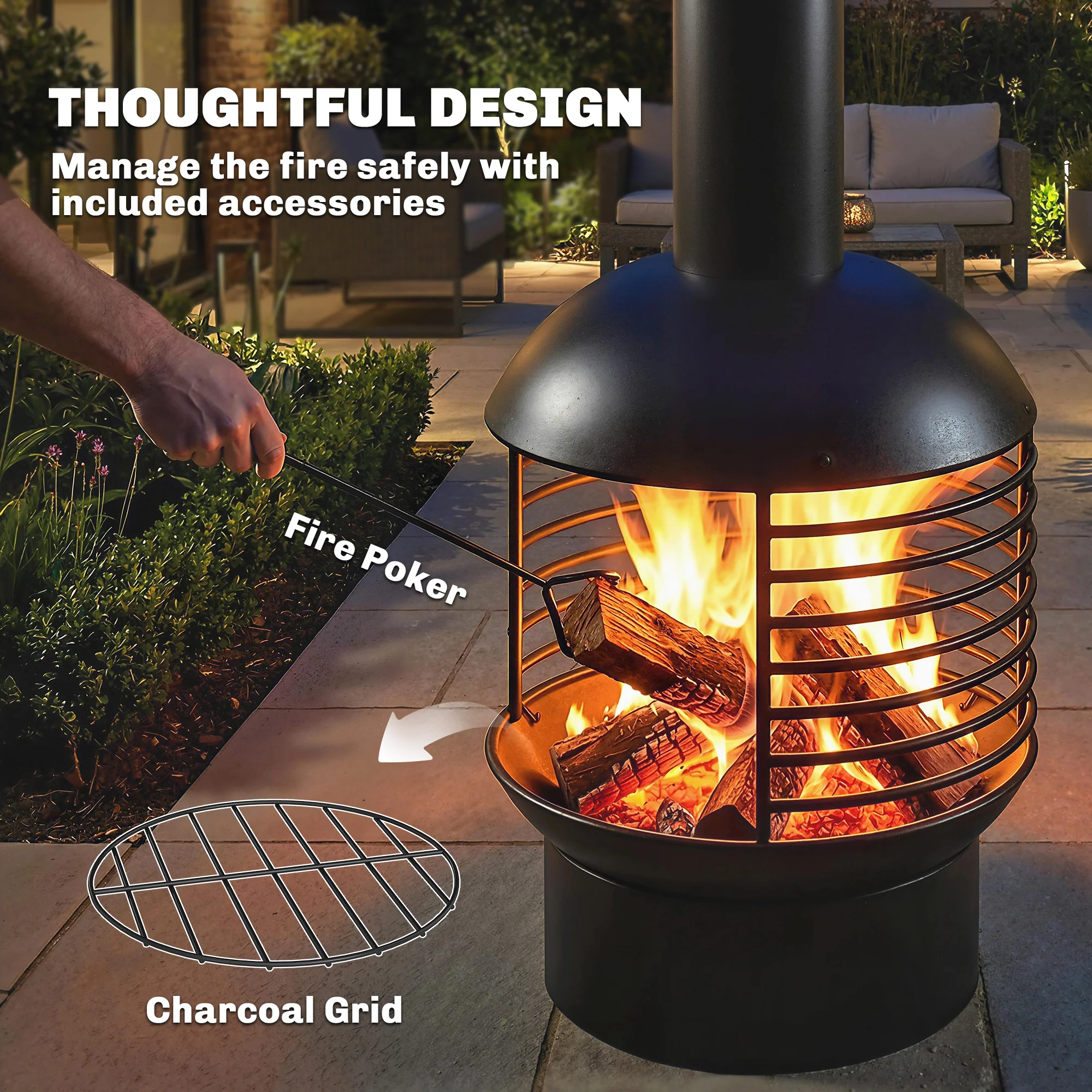 Chimney Fire Pit with Poker and Charcoal Grid, Black - Image 8
