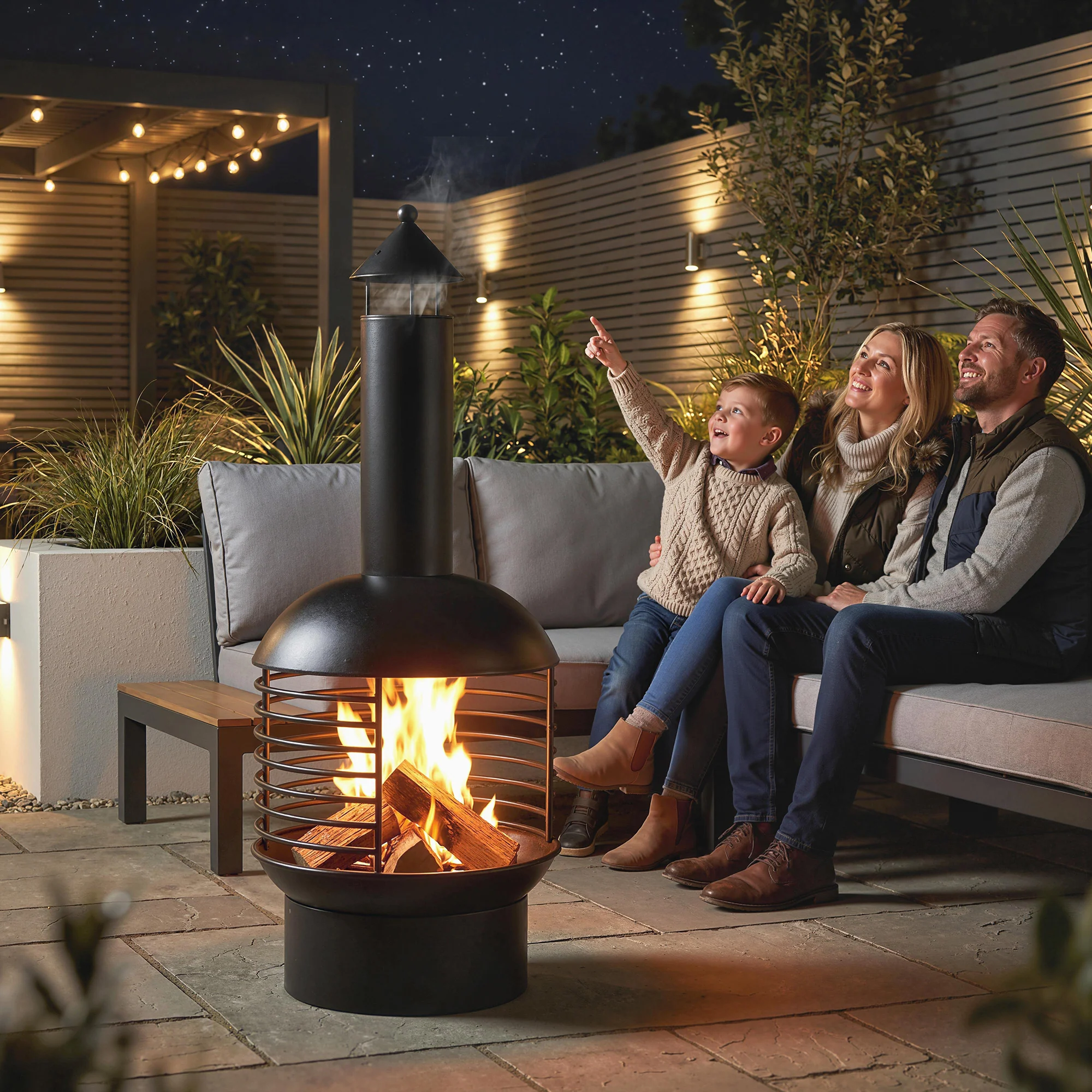 Chimney Fire Pit with Poker and Charcoal Grid, Black - Image 9
