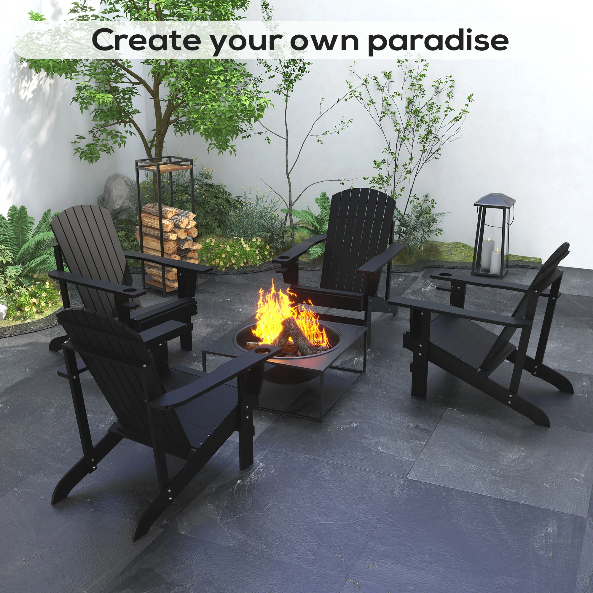 Classic Adirondack Muskoka Chairs, Garden Deck Chair with Cup Holder for Patio, Black - Image 10