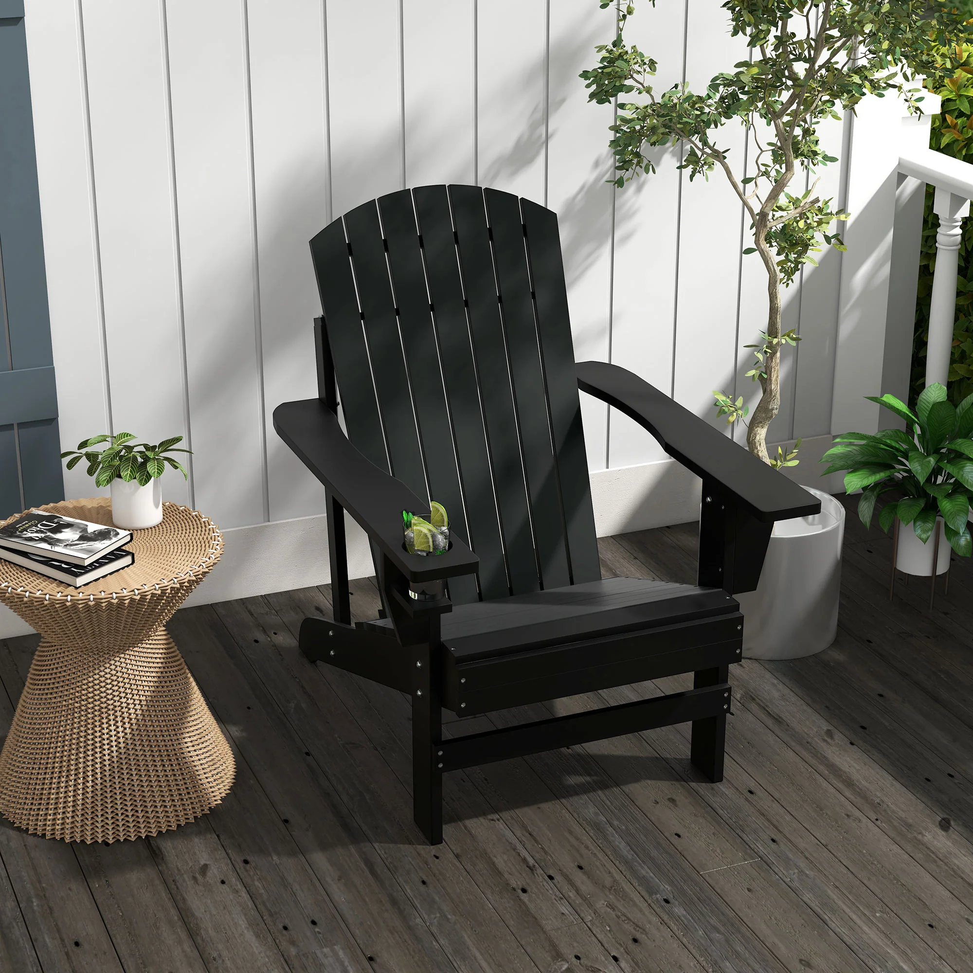Classic Adirondack Muskoka Chairs, Garden Deck Chair with Cup Holder for Patio, Black - Image 4