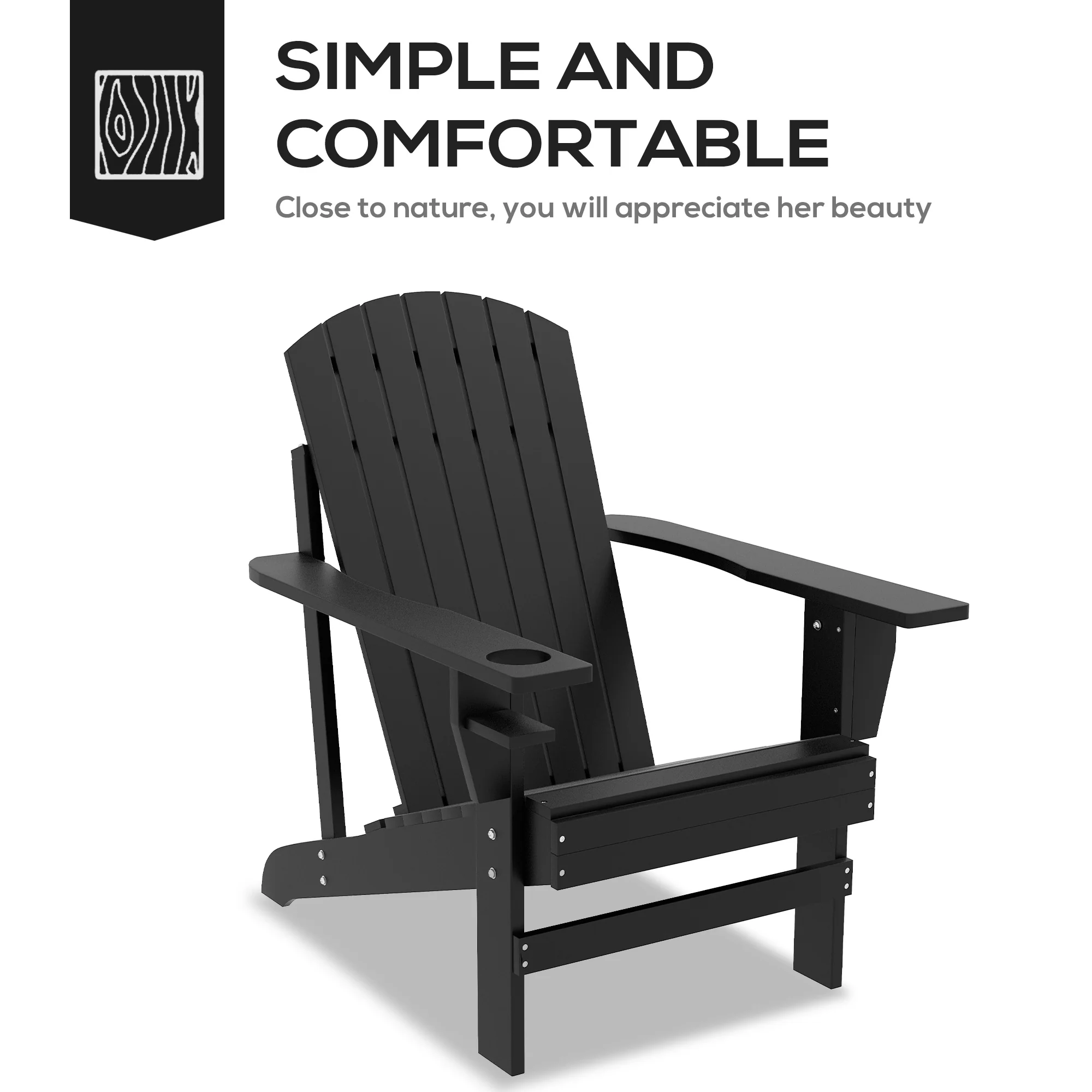 Classic Adirondack Muskoka Chairs, Garden Deck Chair with Cup Holder for Patio, Black - Image 6