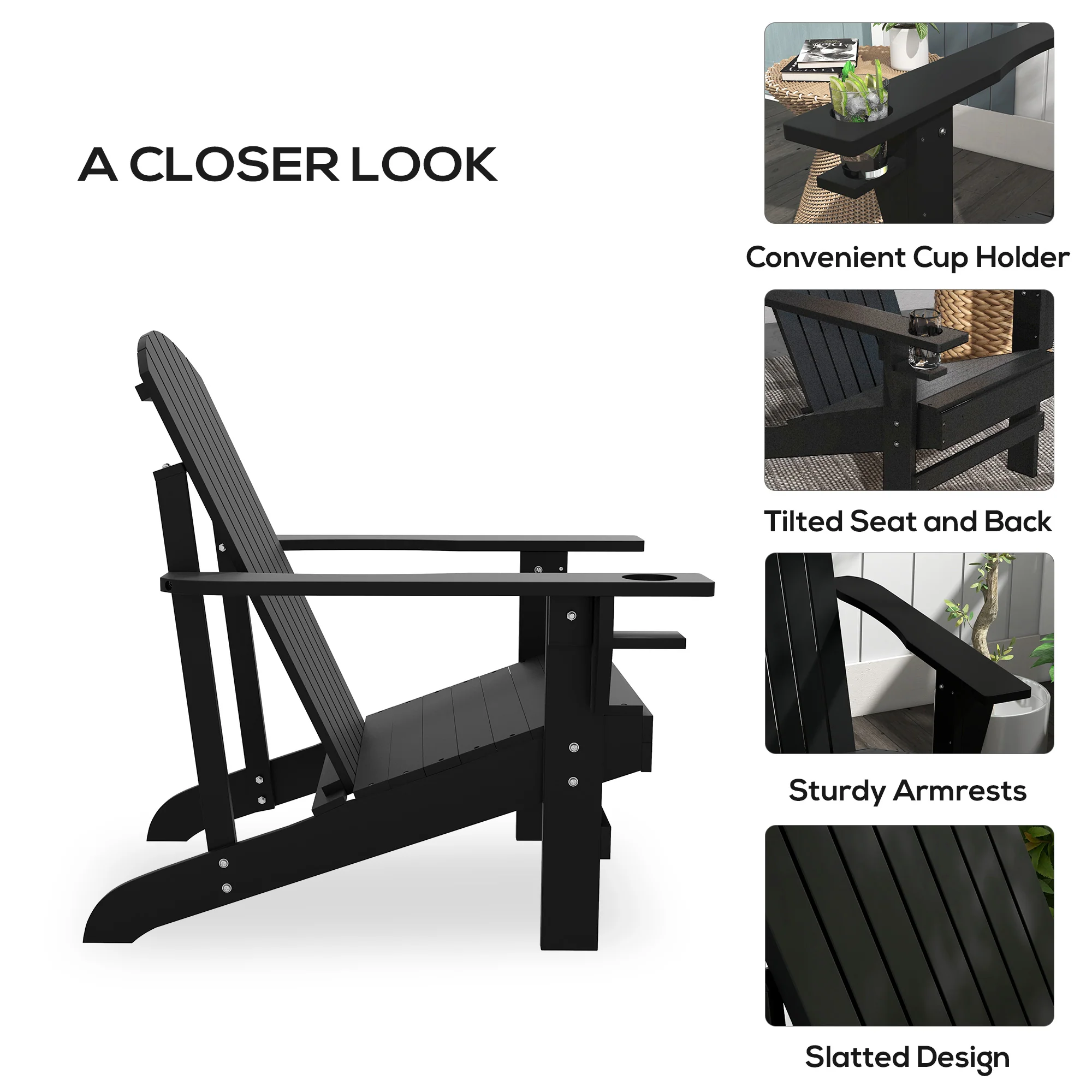 Classic Adirondack Muskoka Chairs, Garden Deck Chair with Cup Holder for Patio, Black - Image 7