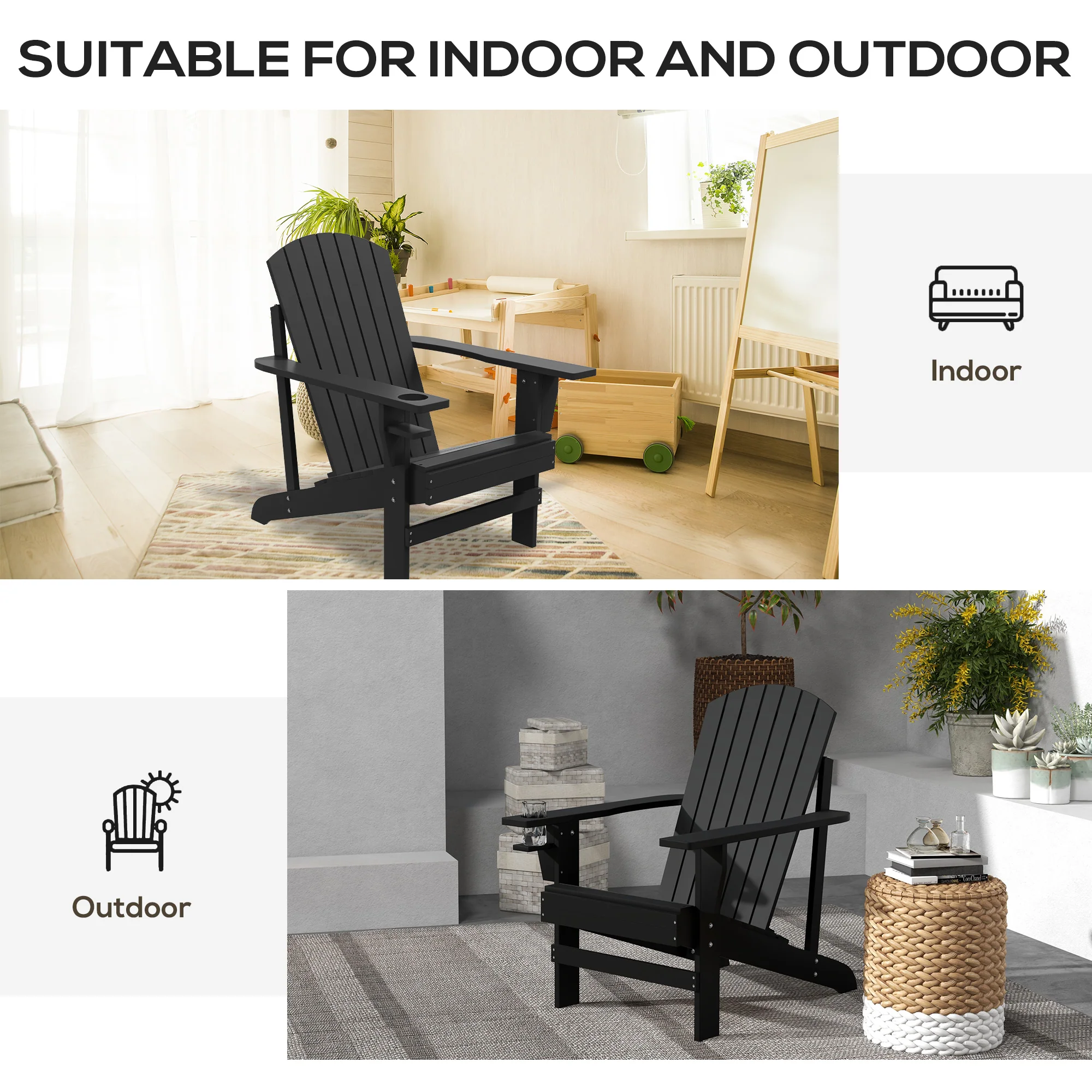 Classic Adirondack Muskoka Chairs, Garden Deck Chair with Cup Holder for Patio, Black - Image 9