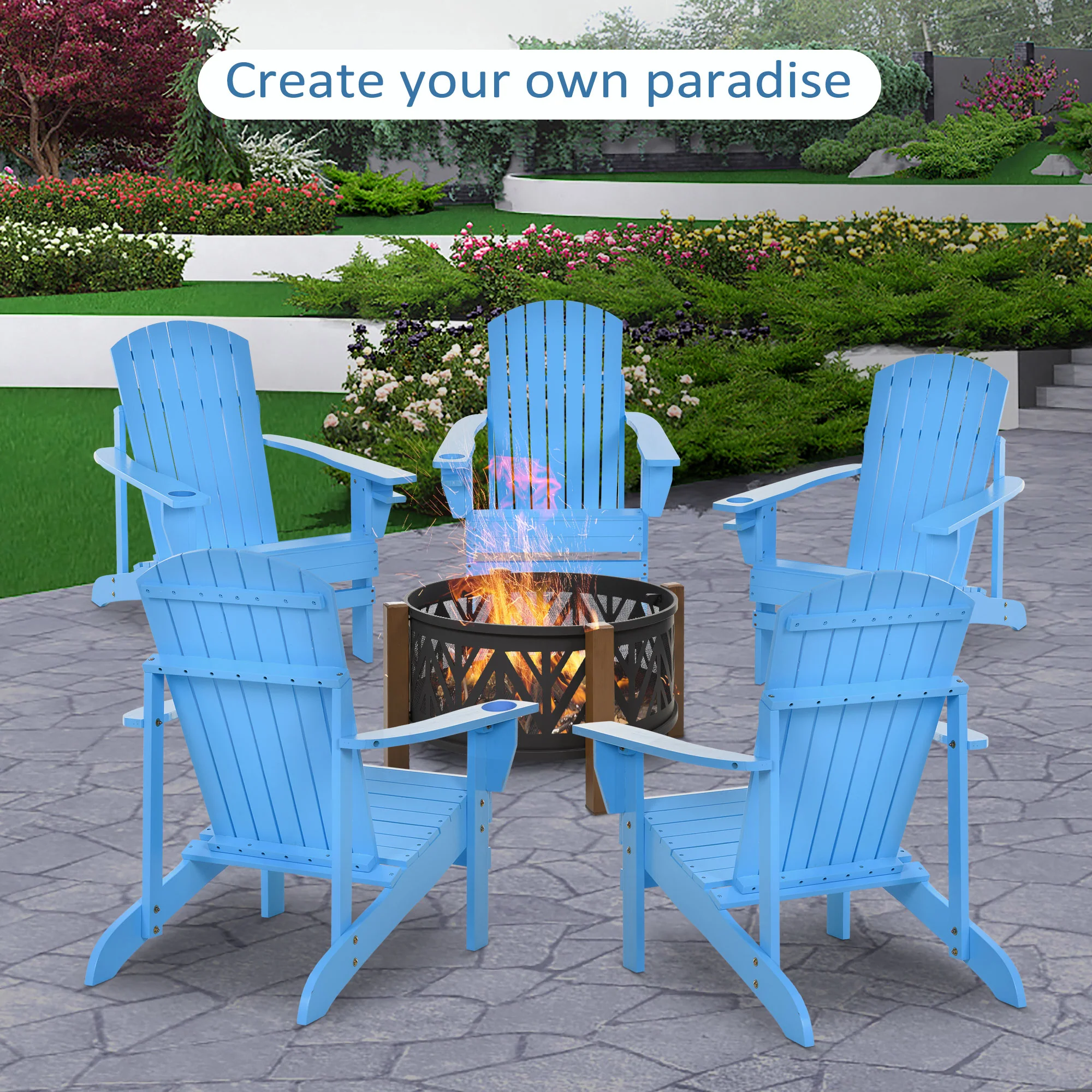 Classic Adirondack Muskoka Chairs, Garden Deck Chair with Cup Holder for Patio, Blue - Image 10