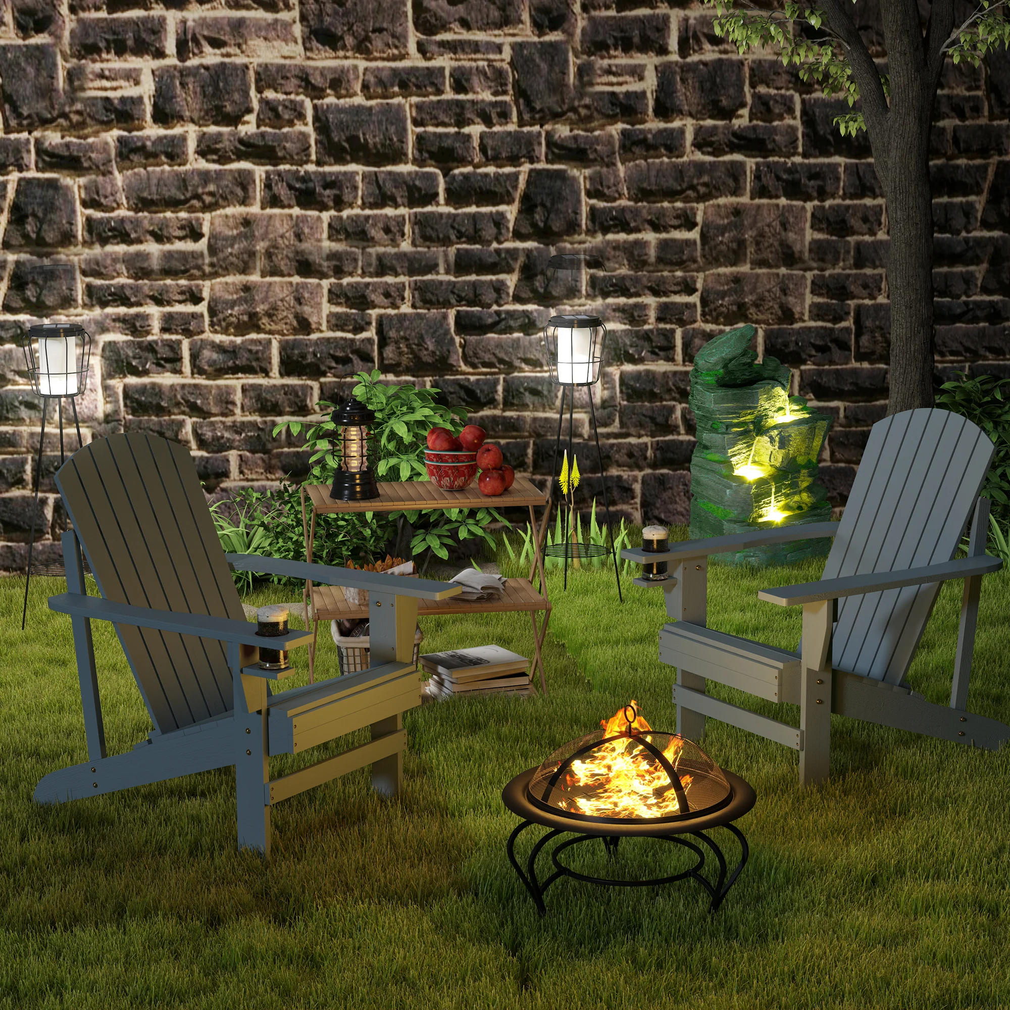 Classic Adirondack Muskoka Chairs, Garden Deck Chair with Cup Holder for Patio, Dark Grey - Image 11