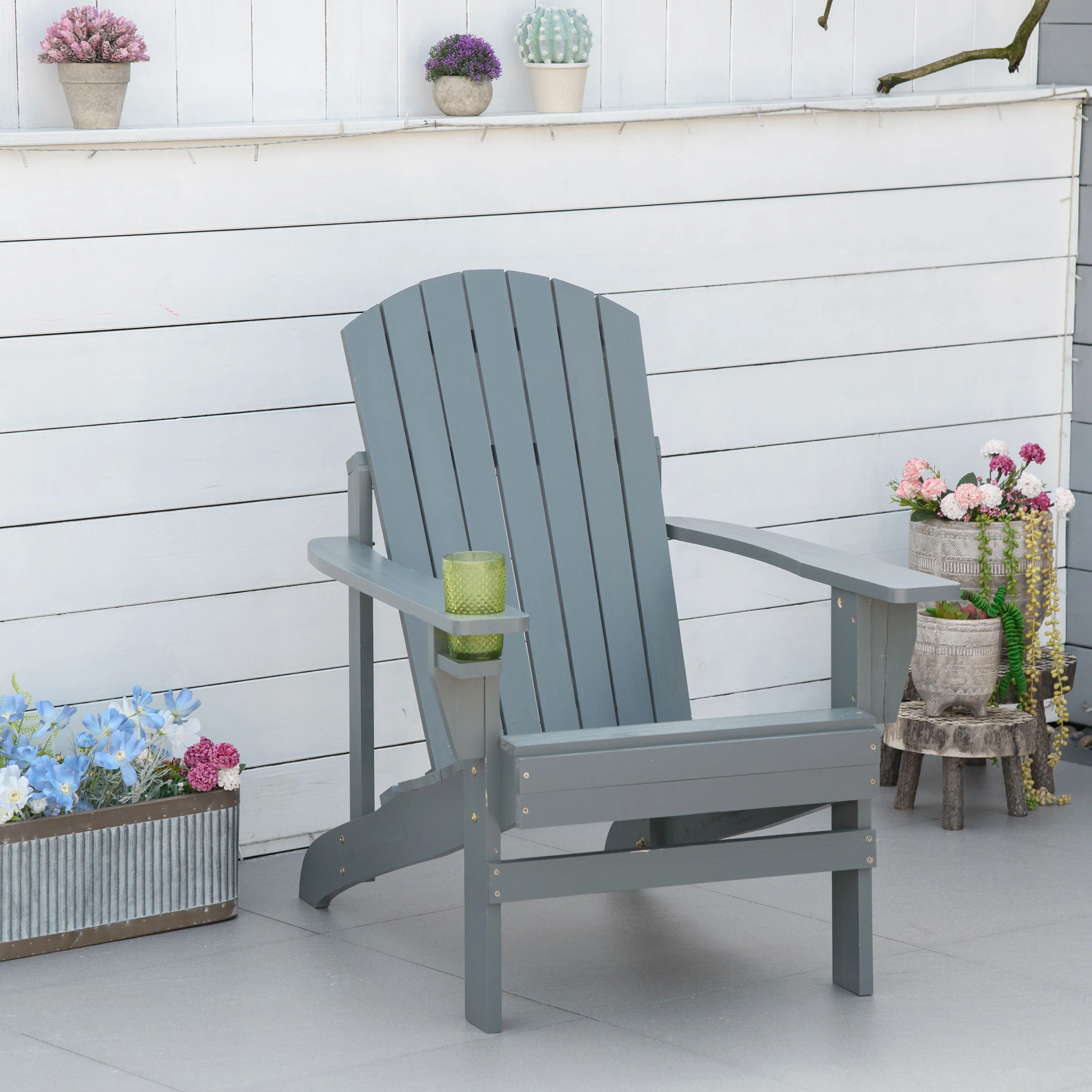 Classic Adirondack Muskoka Chairs, Garden Deck Chair with Cup Holder for Patio, Dark Grey - Image 3