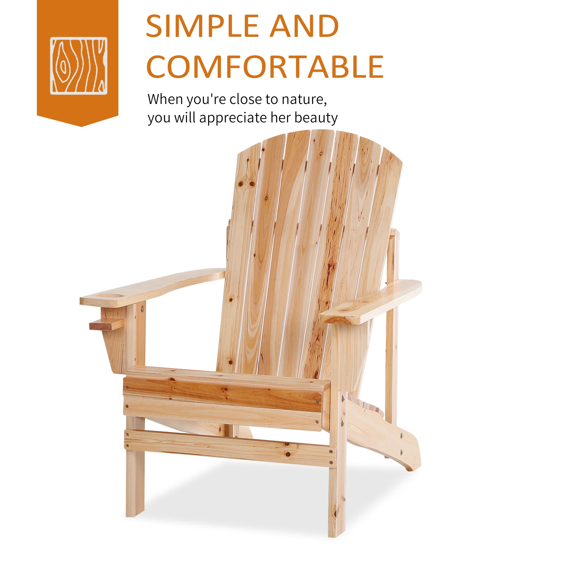 Classic Adirondack Muskoka Chairs, Garden Deck Chair with Cup Holder for Patio, Natural - Image 6