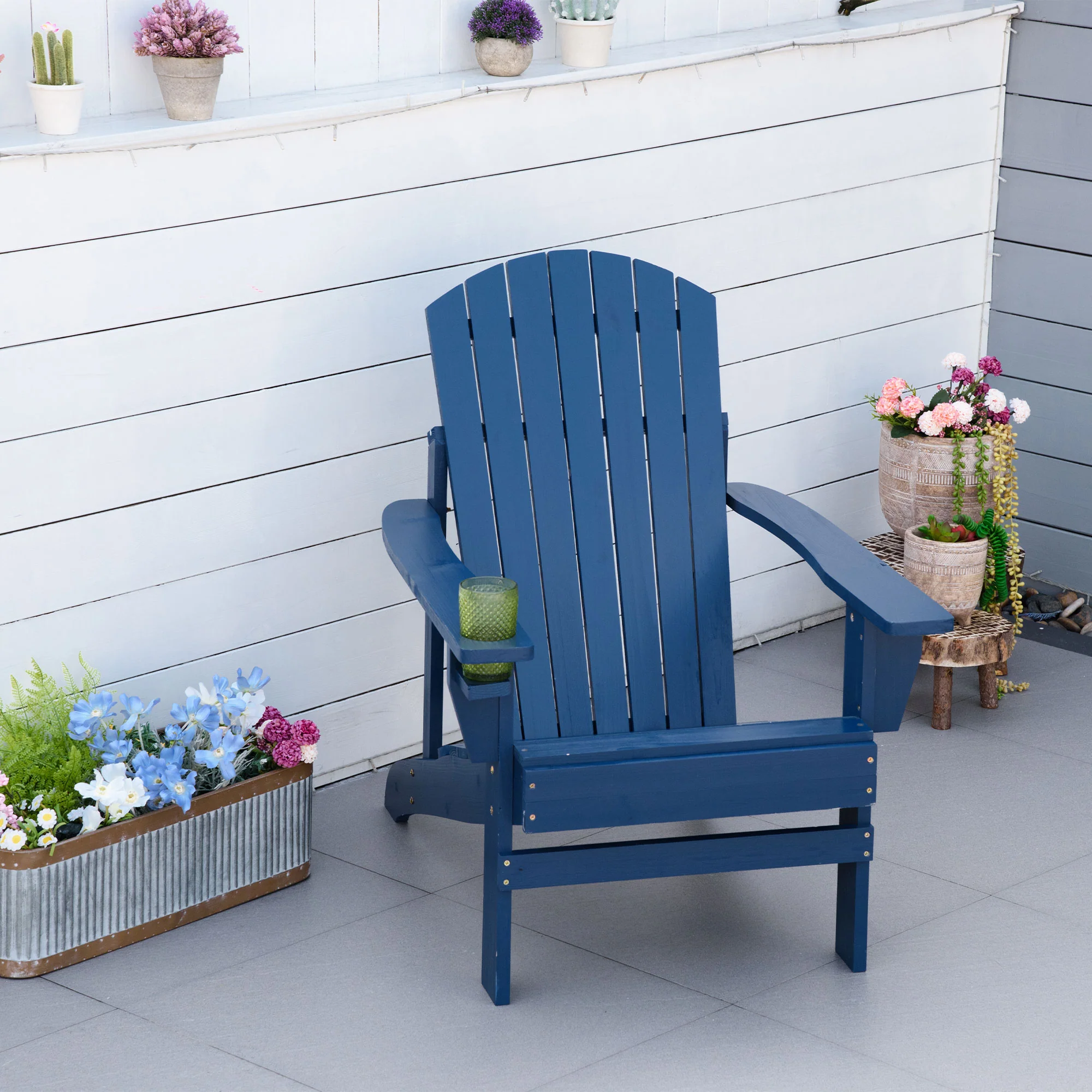 Classic Adirondack Muskoka Chairs, Garden Deck Chair with Cup Holder for Patio, Navy Blue - Image 3