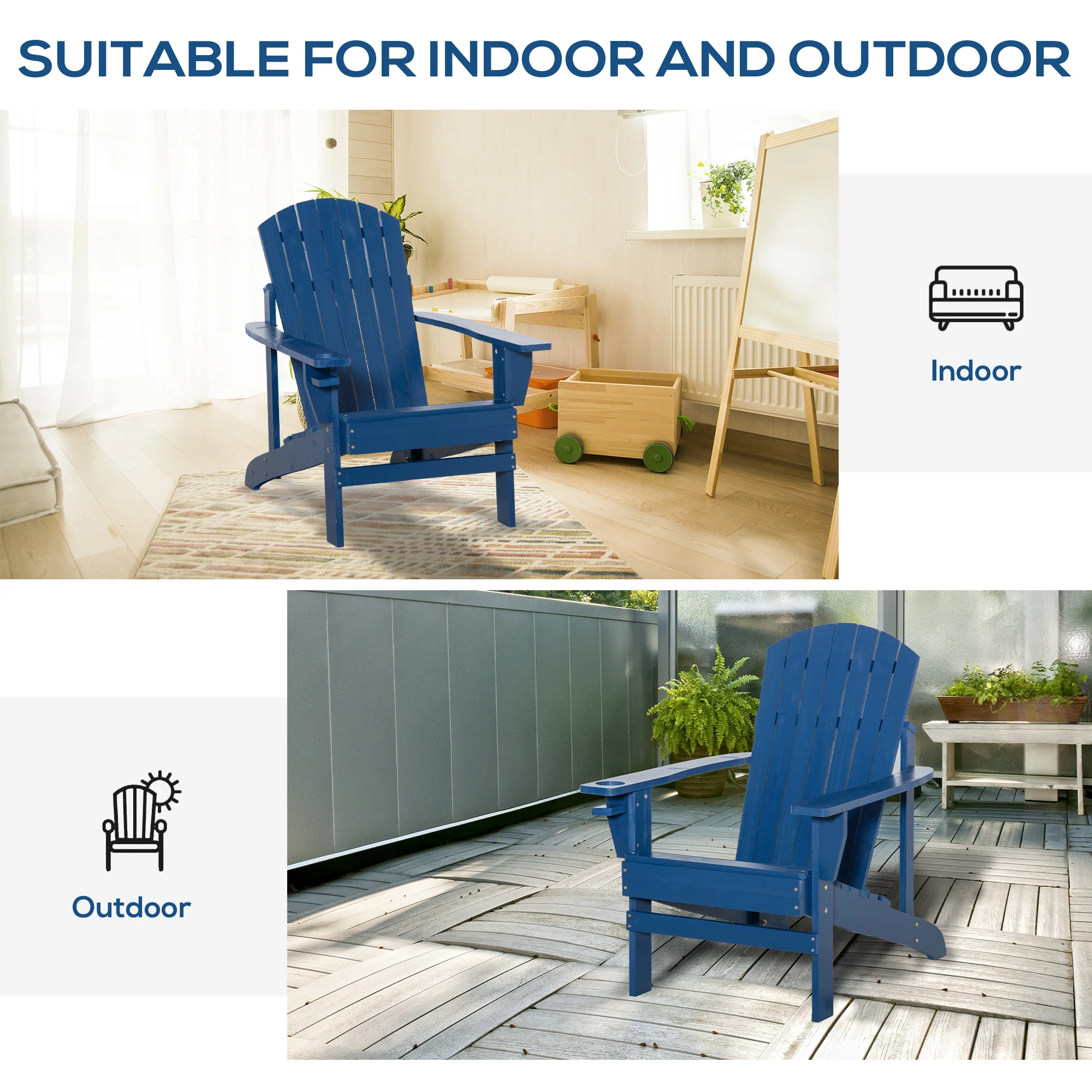 Classic Adirondack Muskoka Chairs, Garden Deck Chair with Cup Holder for Patio, Navy Blue - Image 9