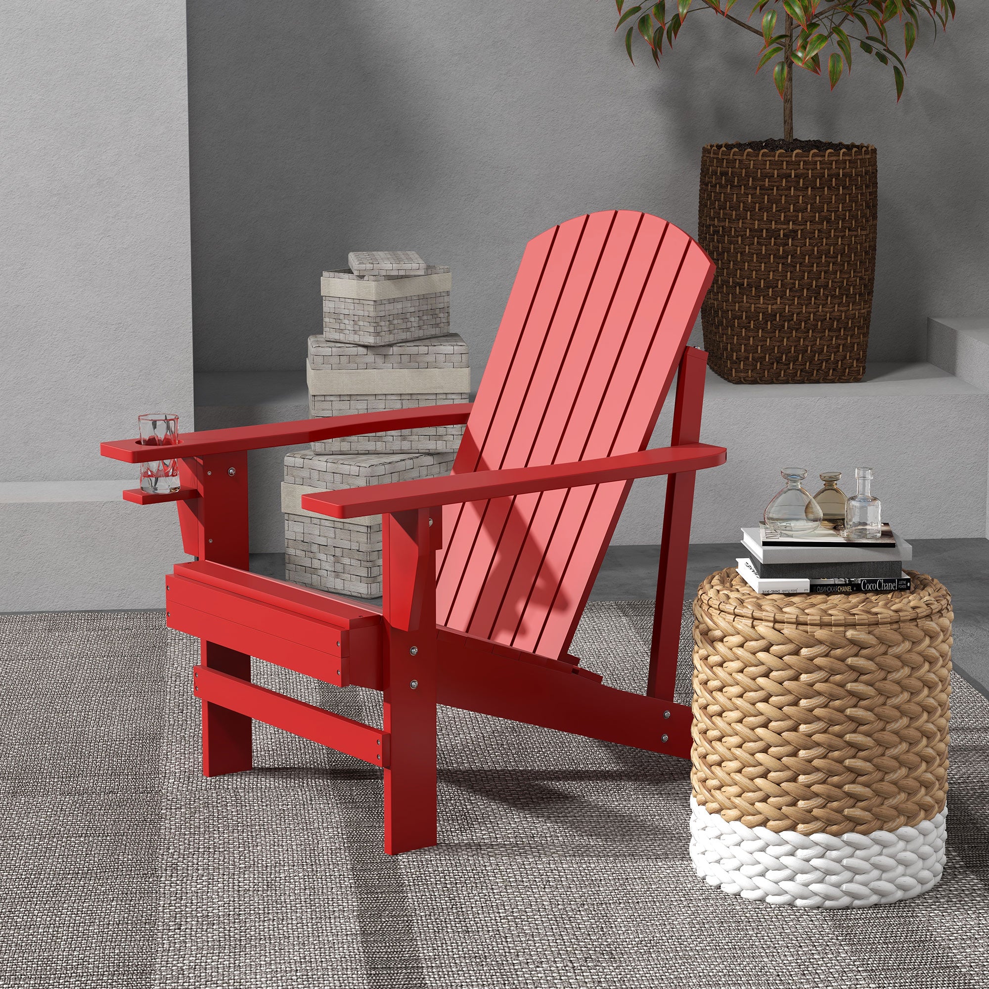 Classic Adirondack Muskoka Chairs, Garden Deck Chair with Cup Holder for Patio, Red - Image 3