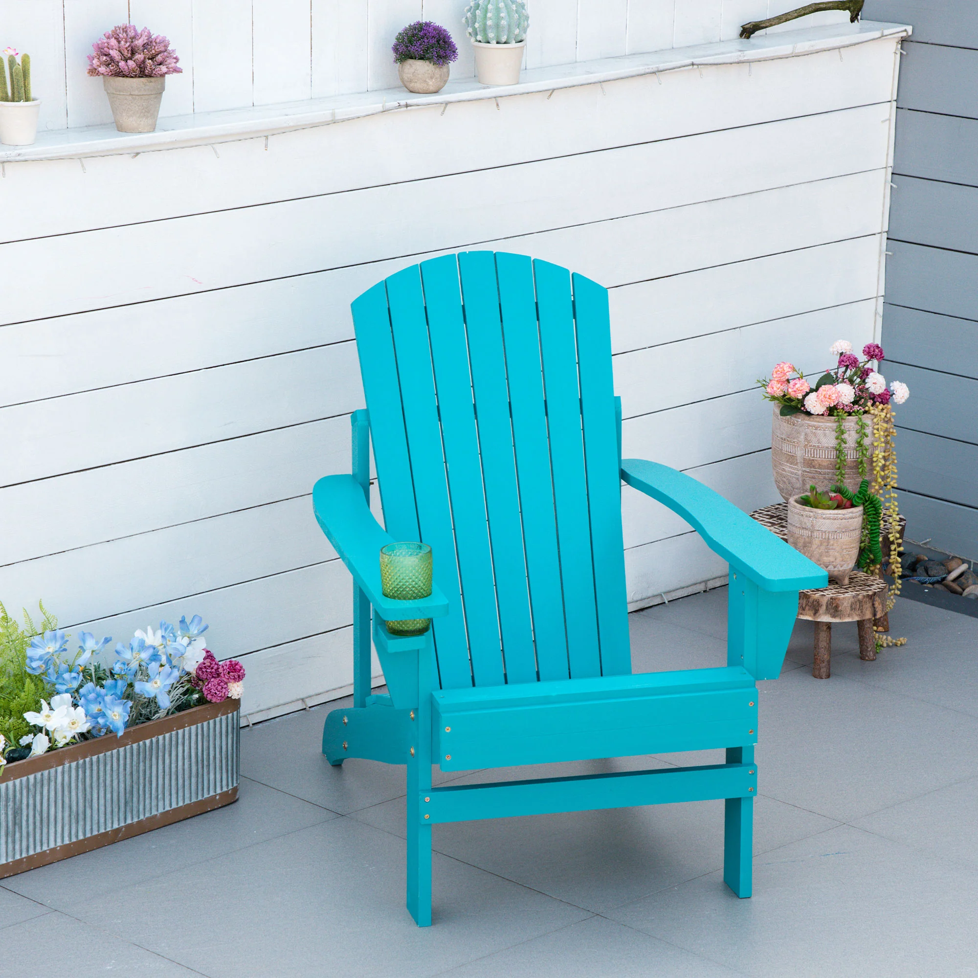 Classic Adirondack Muskoka Chairs, Garden Deck Chair with Cup Holder for Patio, Turquoise - Image 3