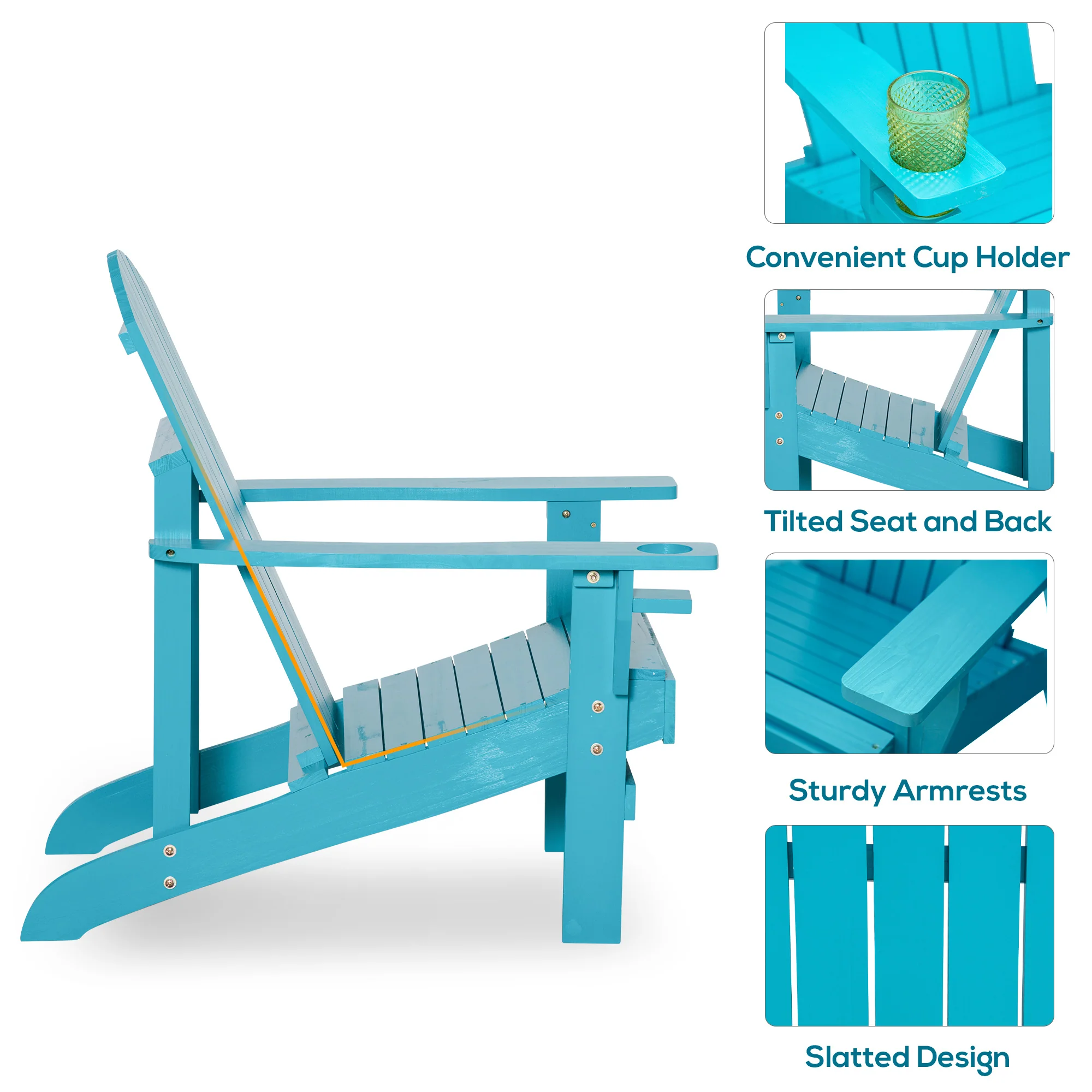 Classic Adirondack Muskoka Chairs, Garden Deck Chair with Cup Holder for Patio, Turquoise - Image 7