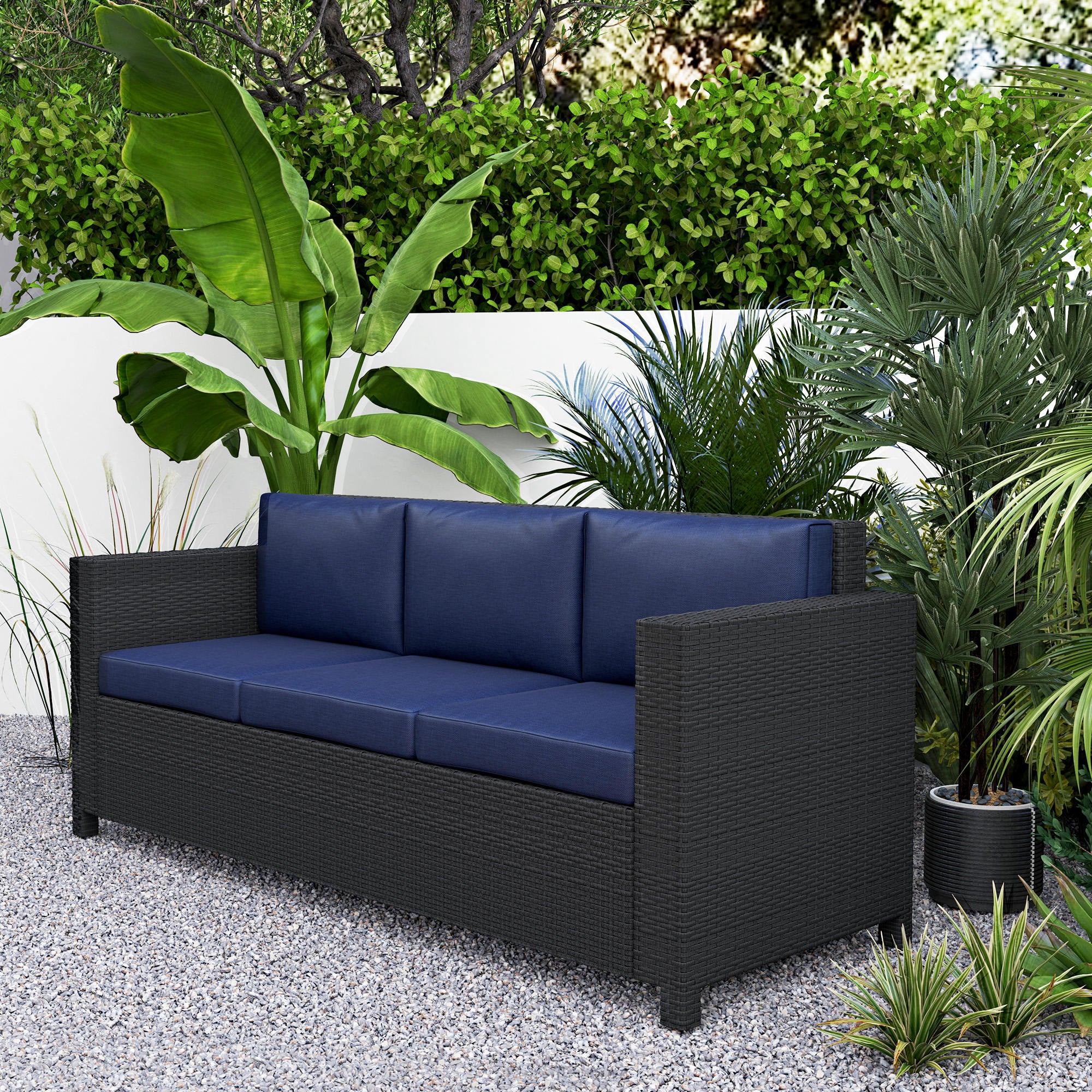 3-Seat Rattan Wicker Outdoor Sofa with Cushions, Navy Blue - Image 11