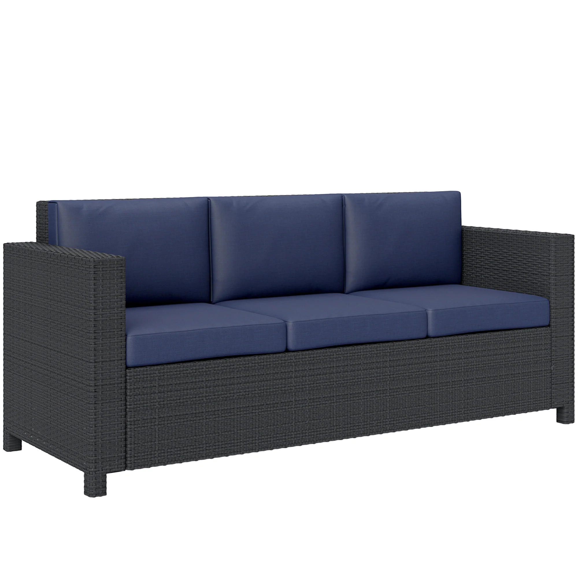 3-Seat Rattan Wicker Outdoor Sofa with Cushions, Navy Blue - Image 12