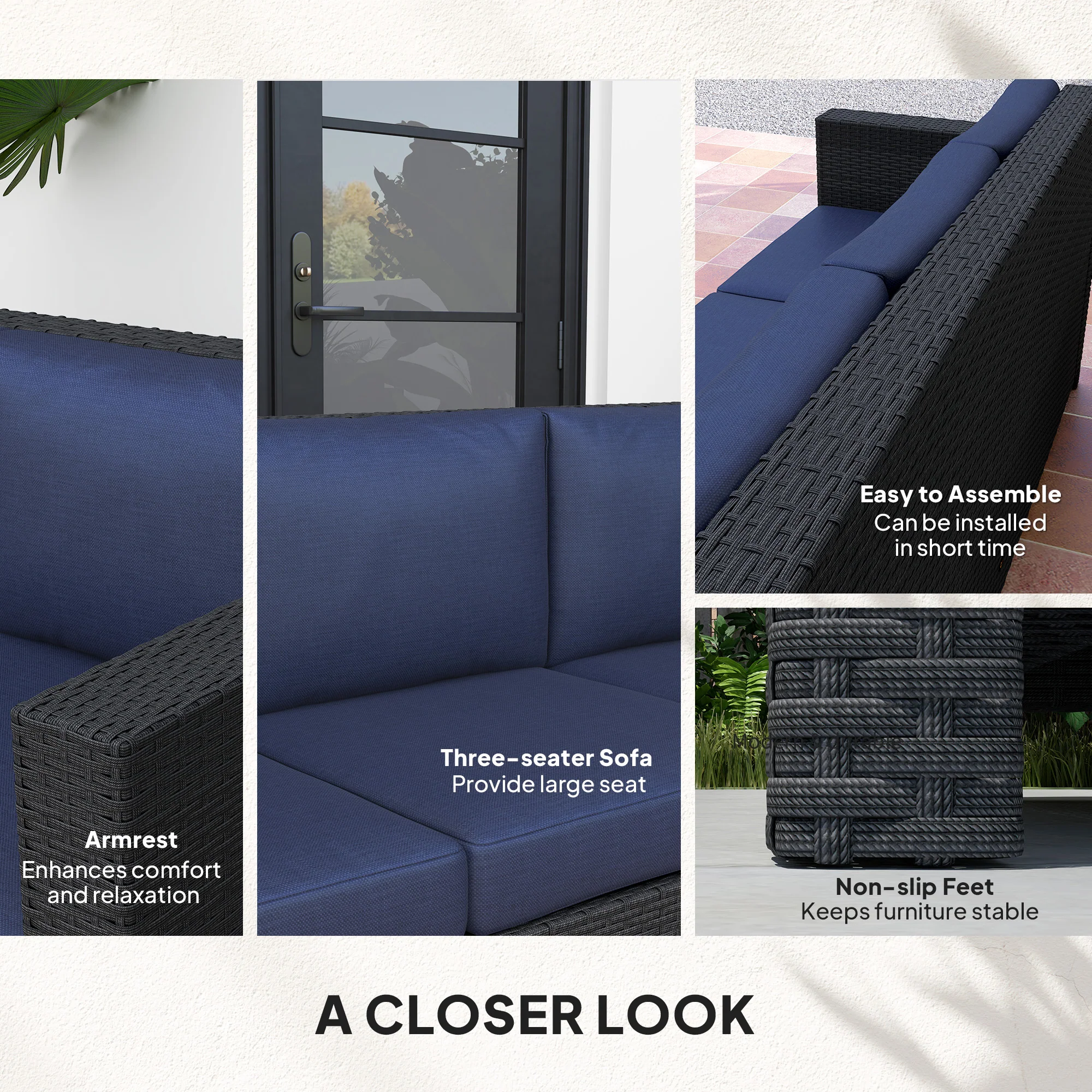 3-Seat Rattan Wicker Outdoor Sofa with Cushions, Navy Blue - Image 8