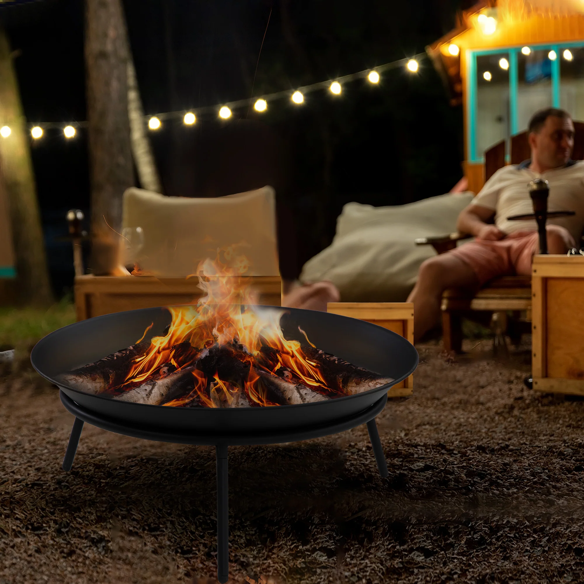 Dia. 47 x 21 cm Portable Outdoor Fire Pit with Poker, Black - Image 4