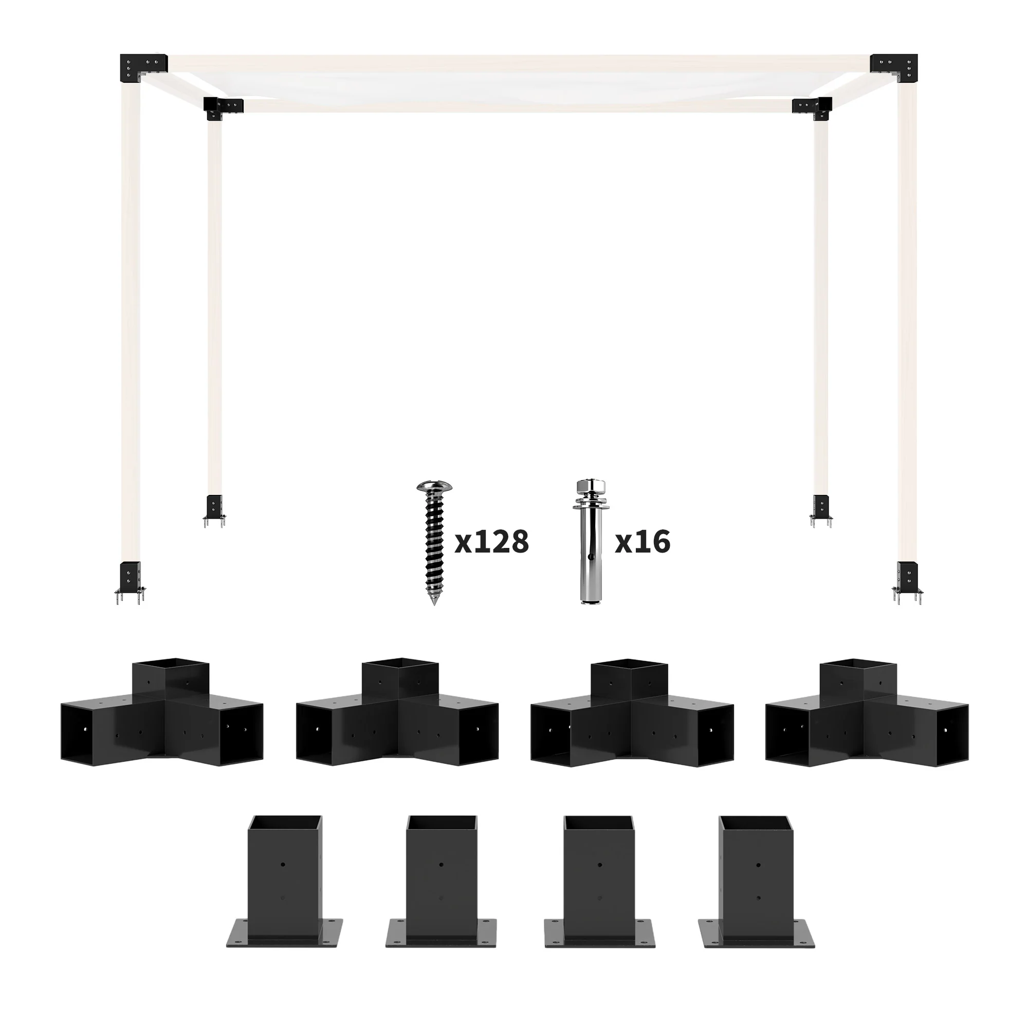 DIY Pergola Kit with 3-Way Corner Brackets and Post Base for 4"x4" Lumber, 8-Piece with Screws