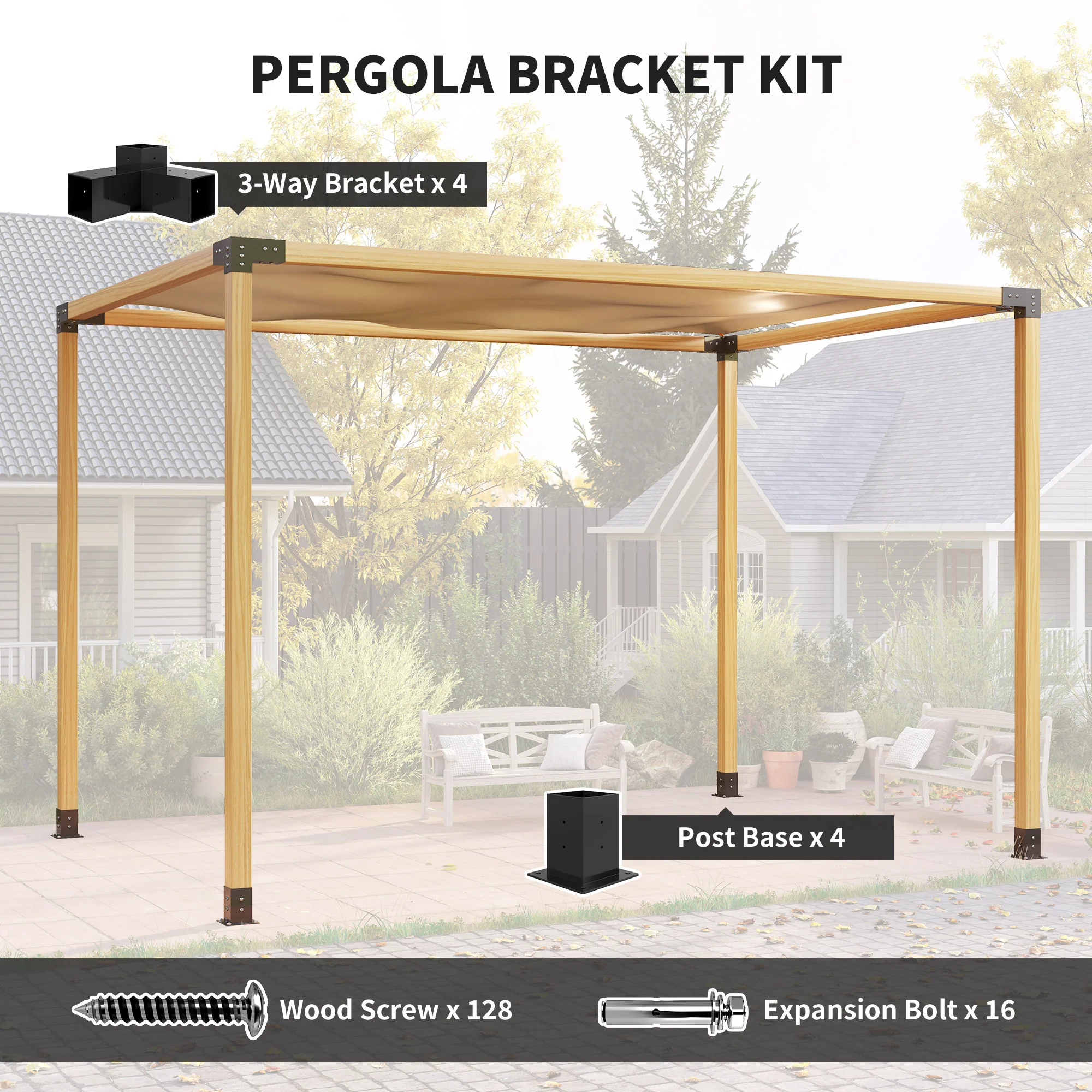 DIY Pergola Kit with 3-Way Corner Brackets and Post Base for 4"x4" Lumber, 8-Piece with Screws - Image 6