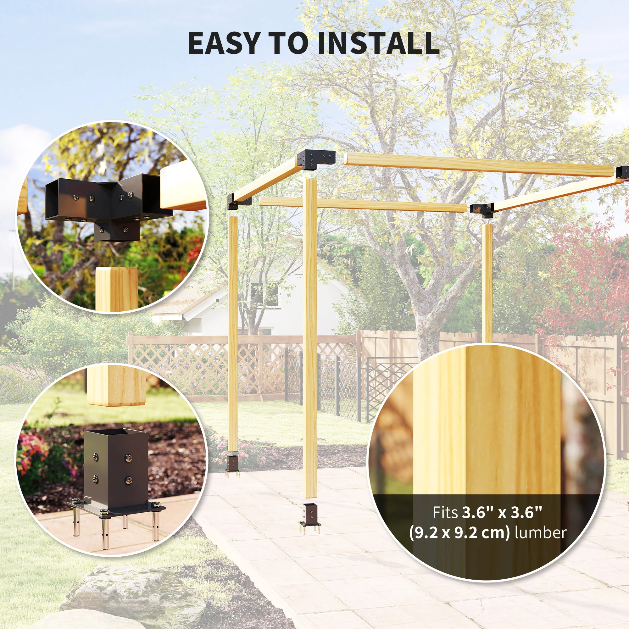 DIY Pergola Kit with 3-Way Corner Brackets and Post Base for 4"x4" Lumber, 8-Piece with Screws - Image 7