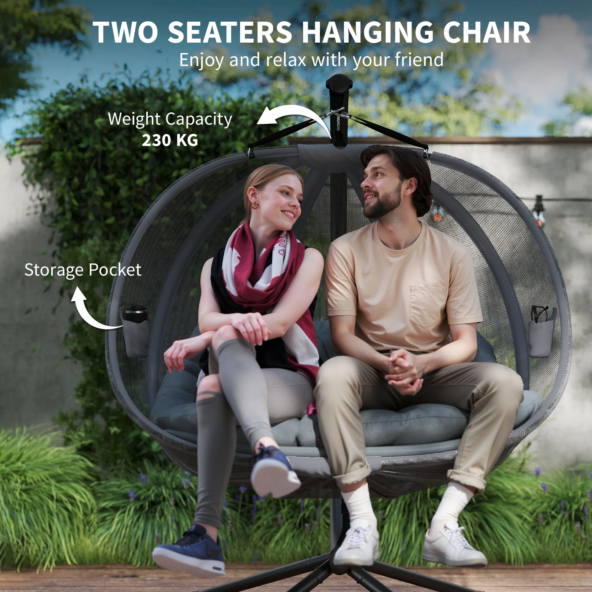 Double Egg Chair with Stand, 2 Person Hanging Swing Egg Chair Outdoor Indoor, 528 LBS Capacity Loveseat Hammock Swing with Cushion, Pockets, Grey - Image 10