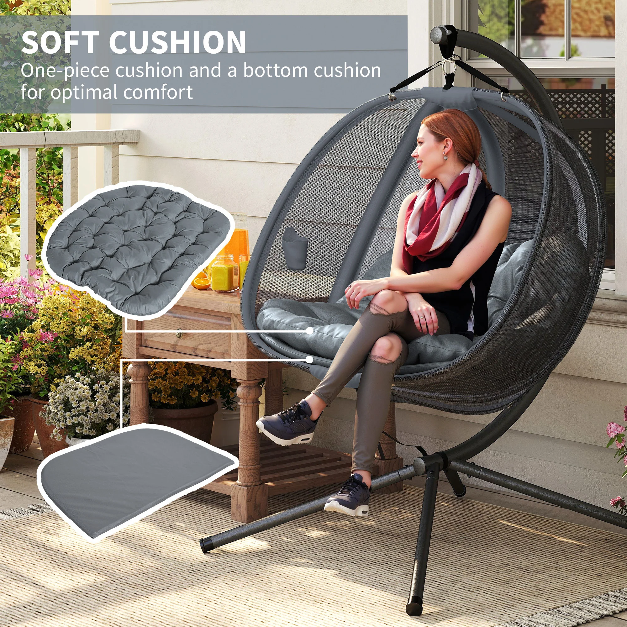 Double Egg Chair with Stand, 2 Person Hanging Swing Egg Chair Outdoor Indoor, 528 LBS Capacity Loveseat Hammock Swing with Cushion, Pockets, Grey - Image 7
