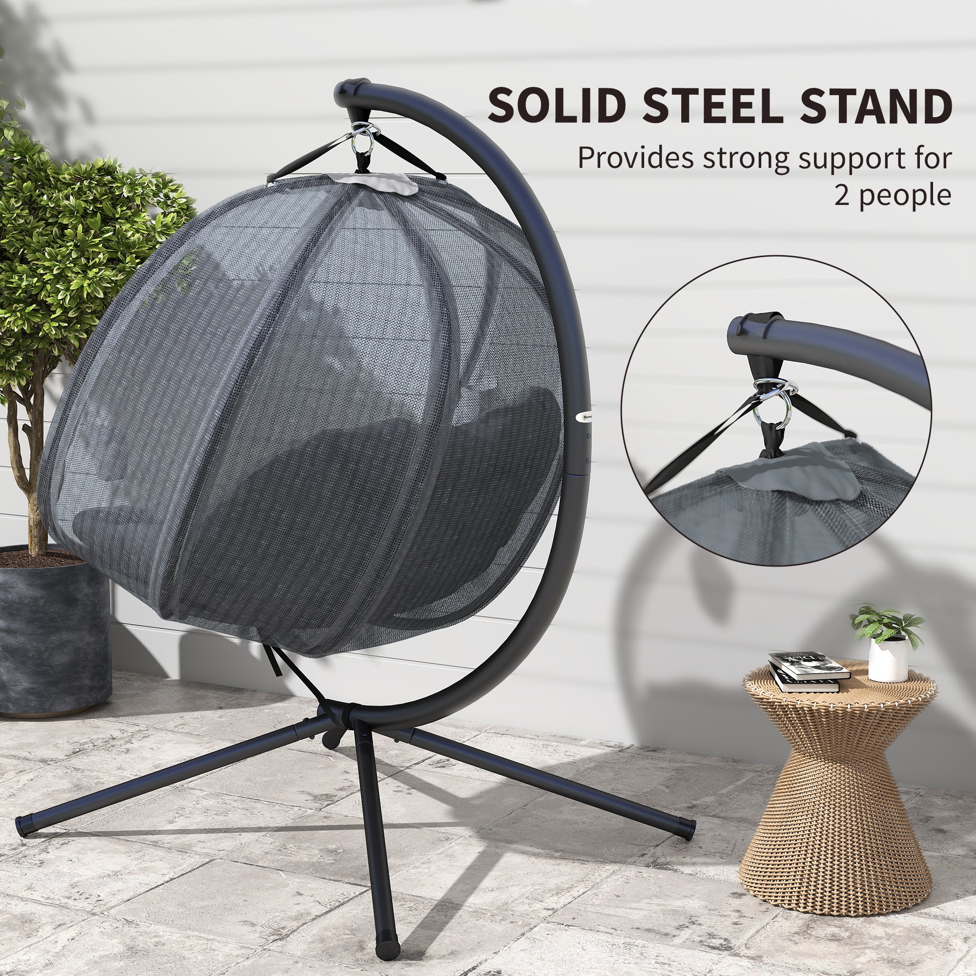 Double Egg Chair with Stand, 2 Person Hanging Swing Egg Chair Outdoor Indoor, 528 LBS Capacity Loveseat Hammock Swing with Cushion, Pockets, Grey - Image 9