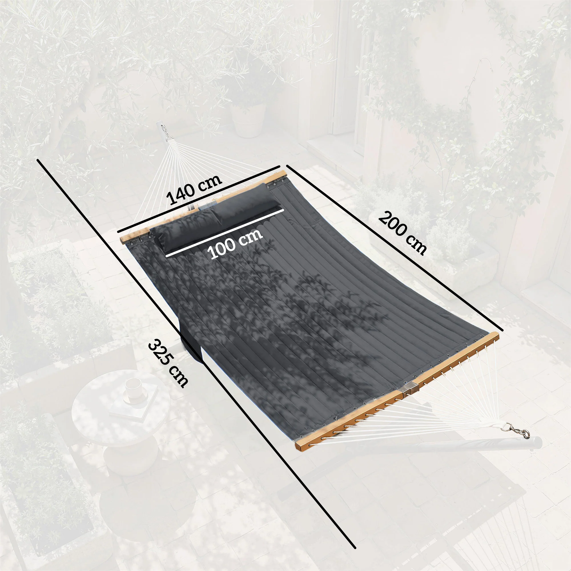 200 x 140 cm Double Hammock with Pillow and Pad, Grey - Image 5