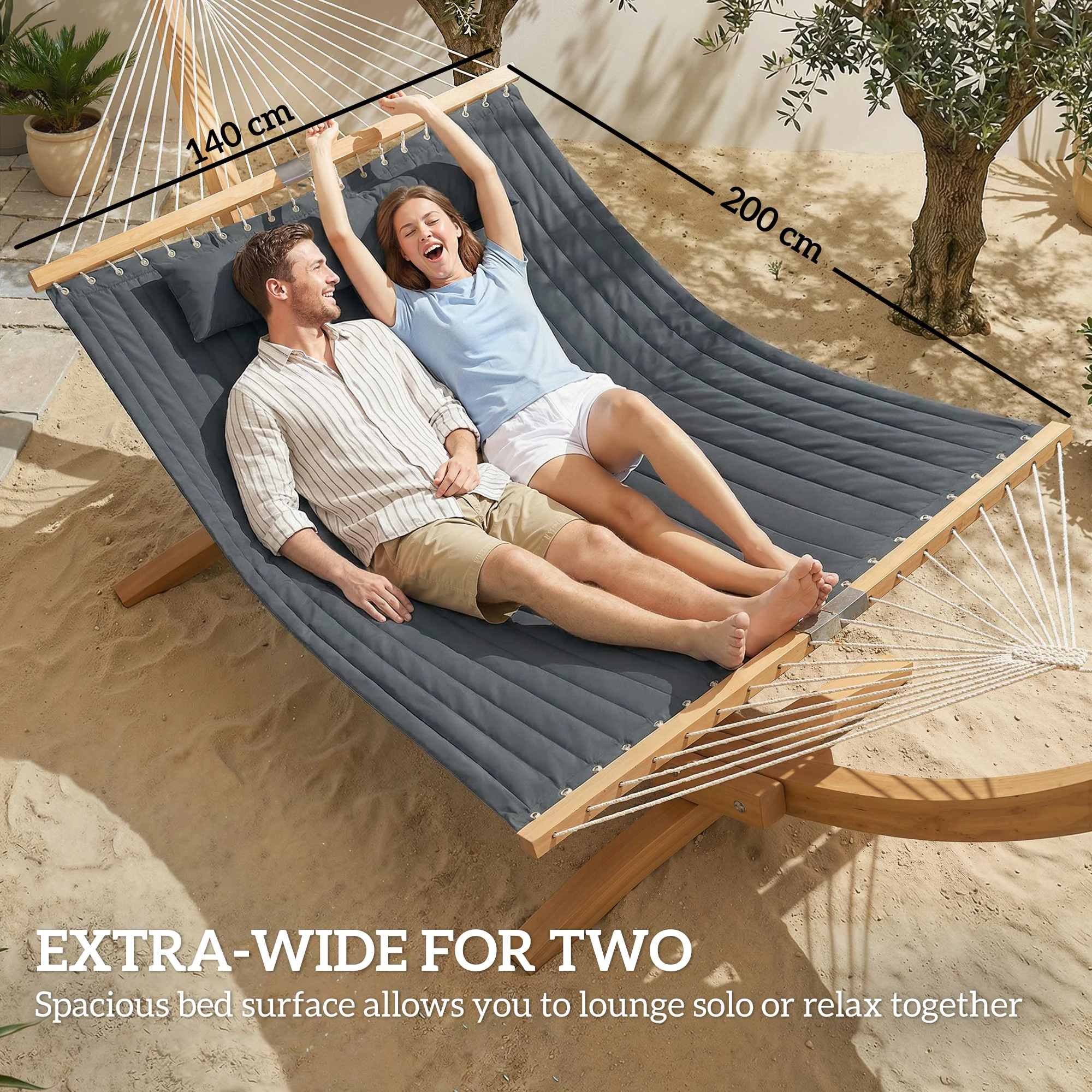 200 x 140 cm Double Hammock with Pillow and Pad, Grey - Image 7
