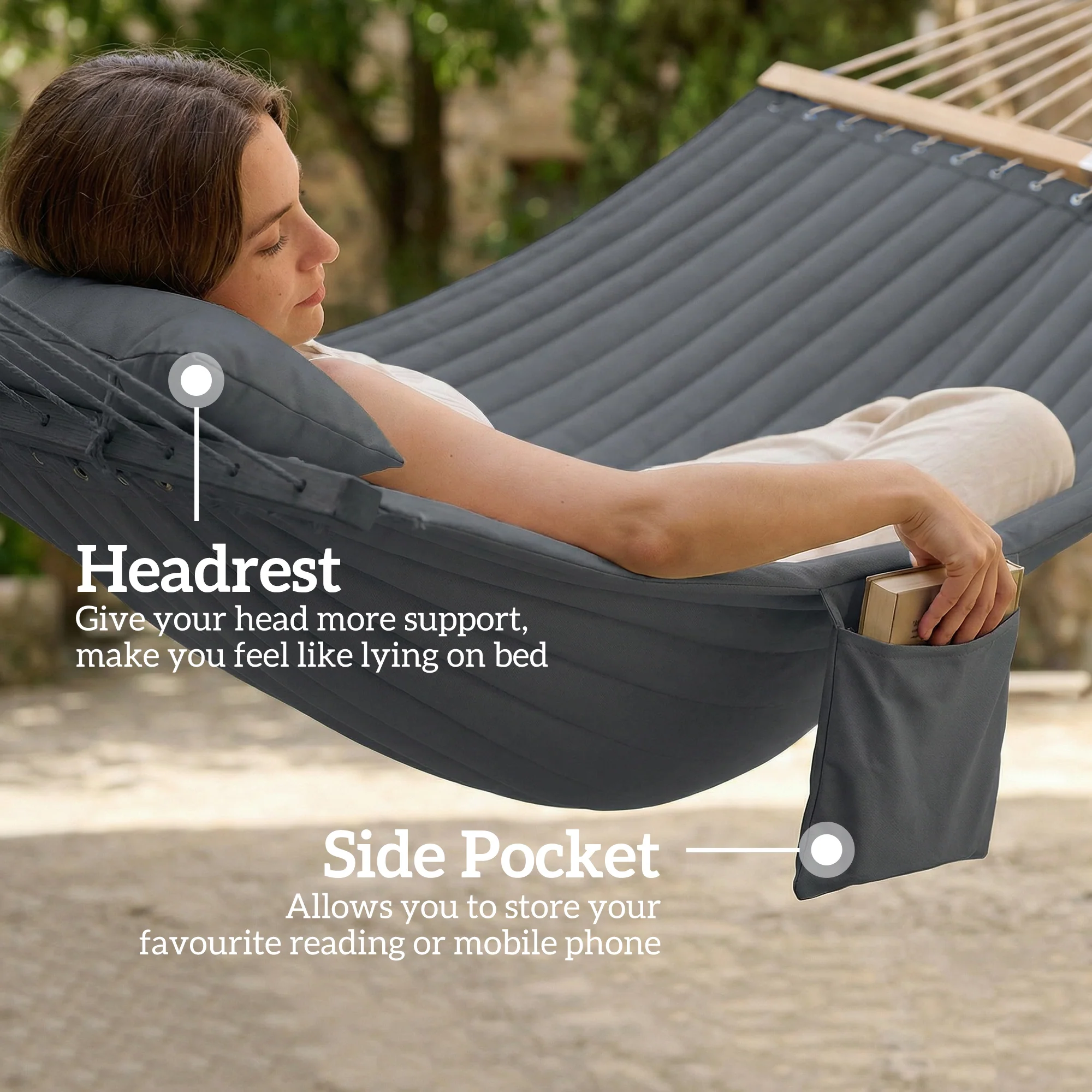 200 x 140 cm Double Hammock with Pillow and Pad, Grey - Image 9