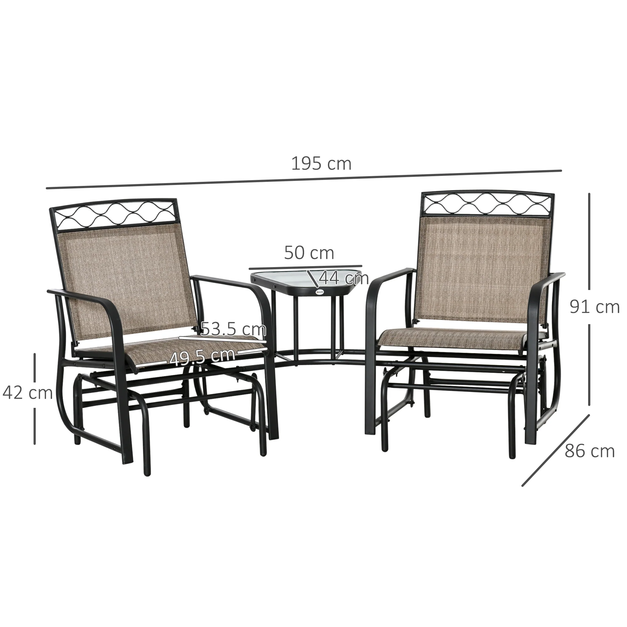 Double Outdoor Glider Chair, 2 Seater Patio Rocking Chairs, Swing Bench with Tempered Glass Table, Breathable Mesh Fabric for Backyard, Garden, Porch, Brown - Image 5