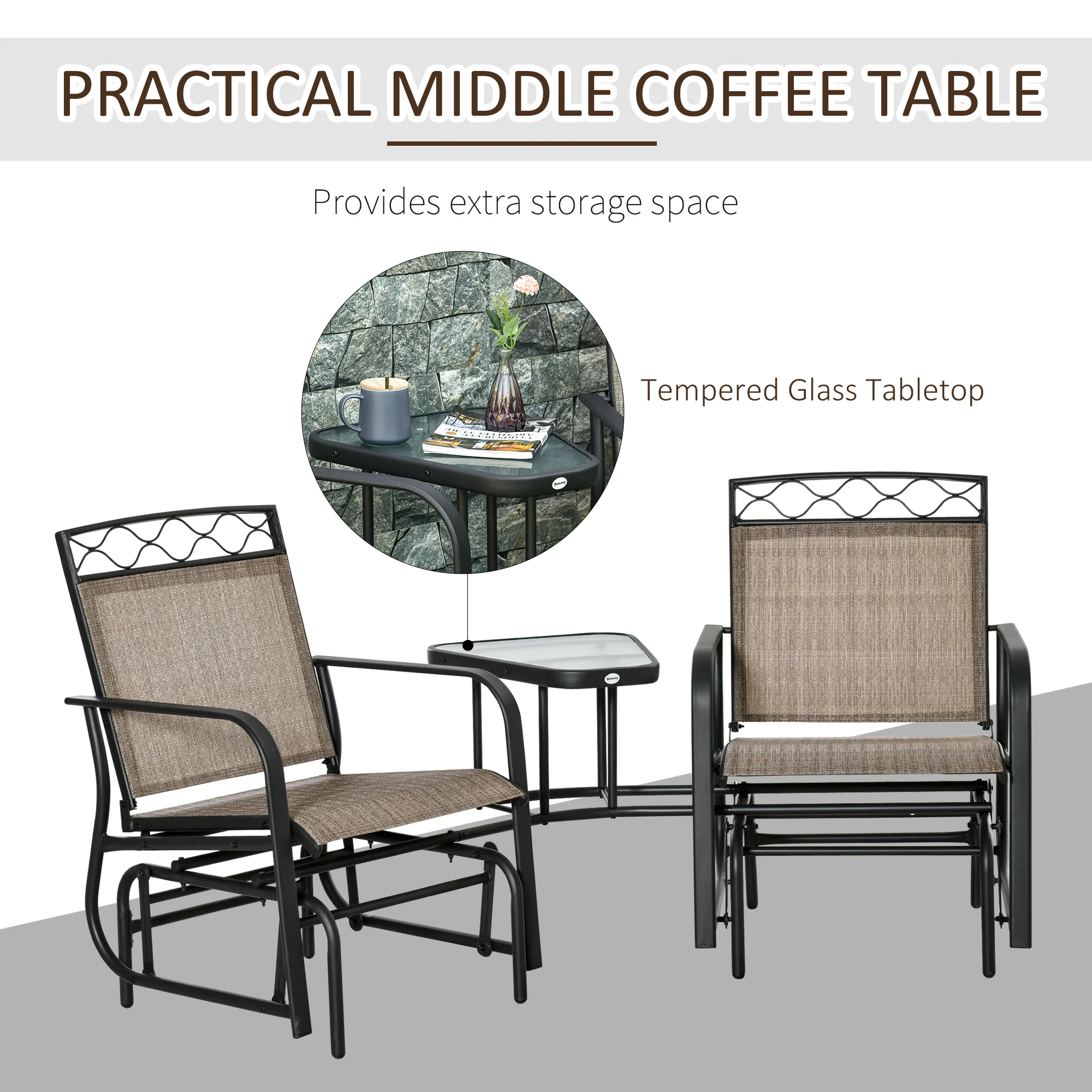 Double Outdoor Glider Chair, 2 Seater Patio Rocking Chairs, Swing Bench with Tempered Glass Table, Breathable Mesh Fabric for Backyard, Garden, Porch, Brown - Image 8