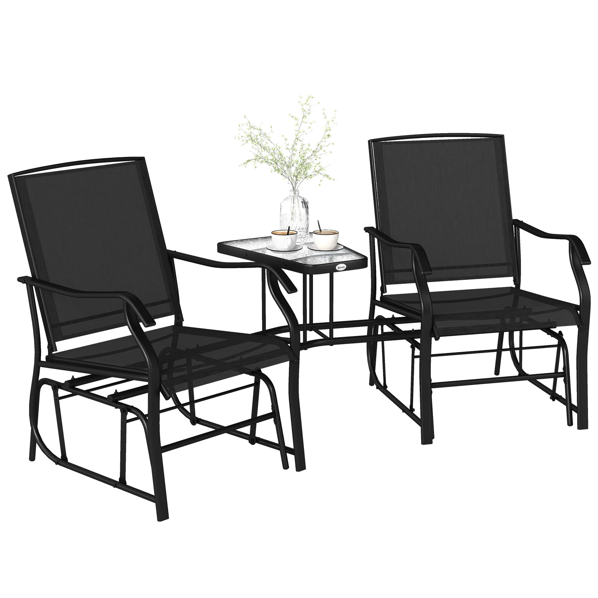 Double Patio Glider Chair with Glass Top Center Table, All Weather Breathable Mesh Fabric, Black