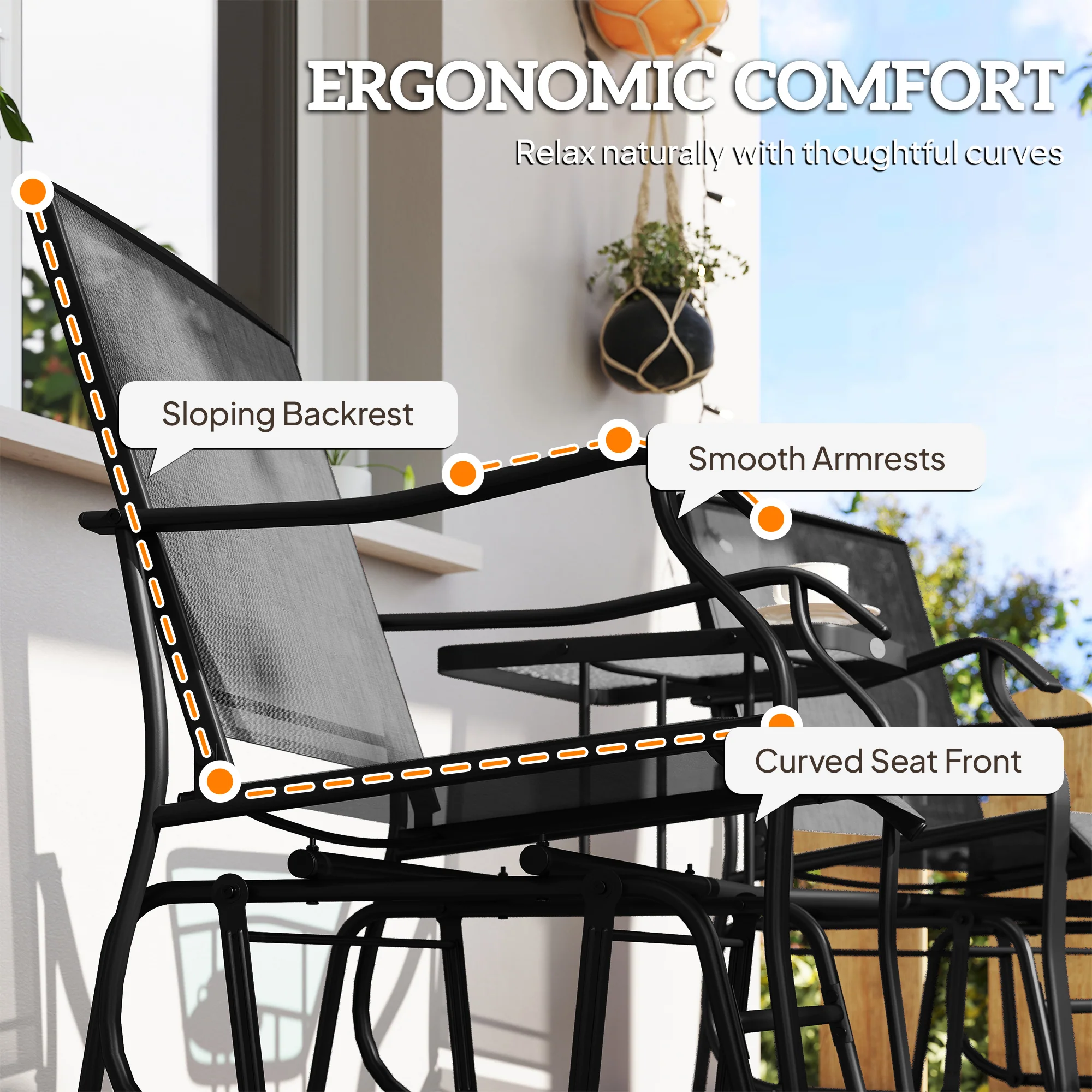 Double Patio Glider Chair with Glass Top Center Table, All Weather Breathable Mesh Fabric, Black - Image 10