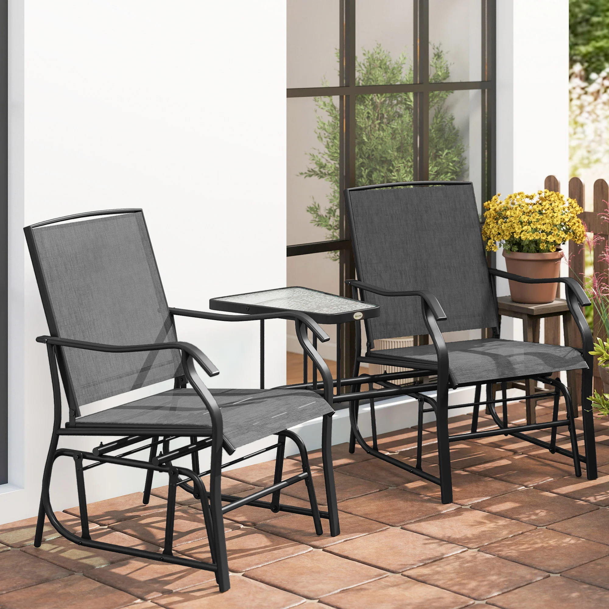 Double Patio Glider Chair with Glass Top Center Table, All Weather Breathable Mesh Fabric, Black - Image 11