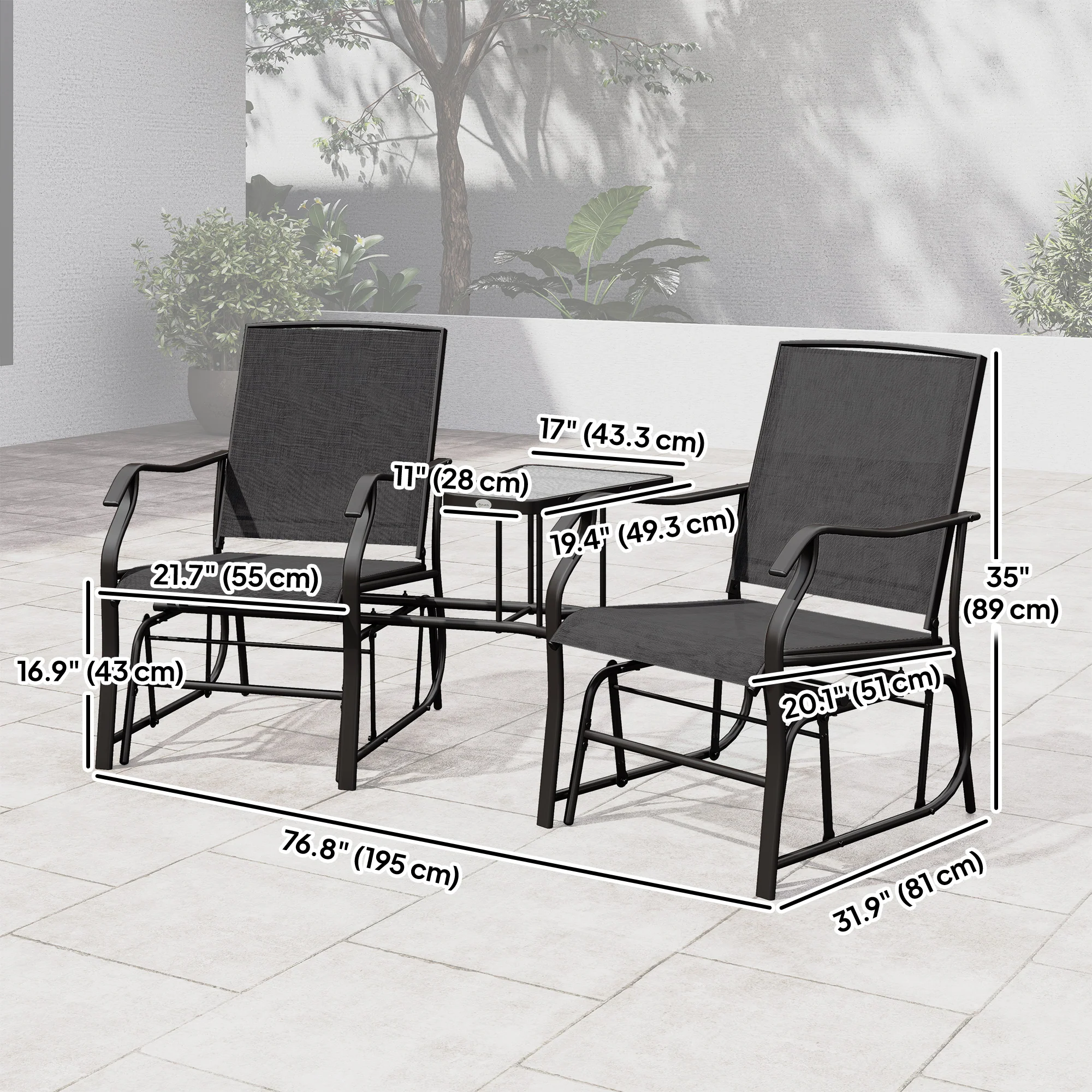 Double Patio Glider Chair with Glass Top Center Table, All Weather Breathable Mesh Fabric, Black - Image 5