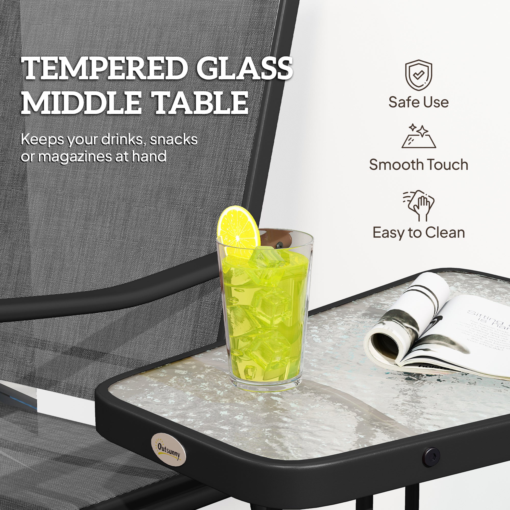 Double Patio Glider Chair with Glass Top Center Table, All Weather Breathable Mesh Fabric, Black - Image 8