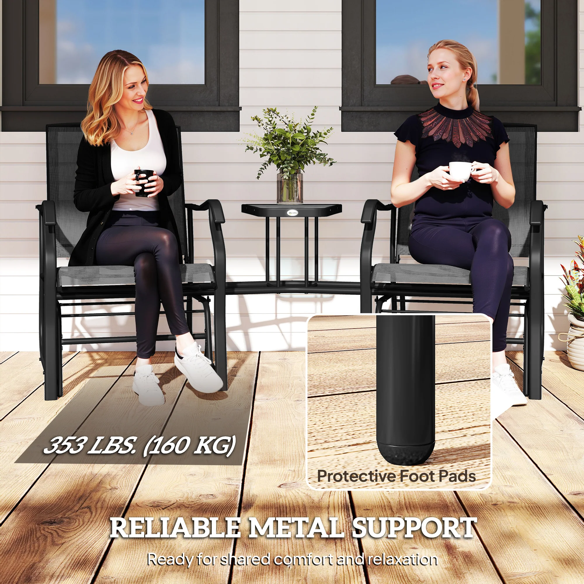 Double Patio Glider Chair with Glass Top Center Table, All Weather Breathable Mesh Fabric, Black - Image 9