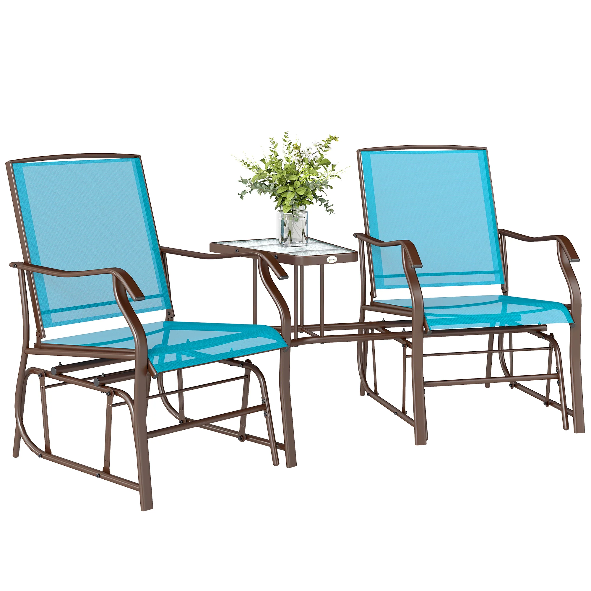 Double Patio Glider Chair with Glass Top Center Table, All Weather Breathable Mesh Fabric, Blue - Image 2
