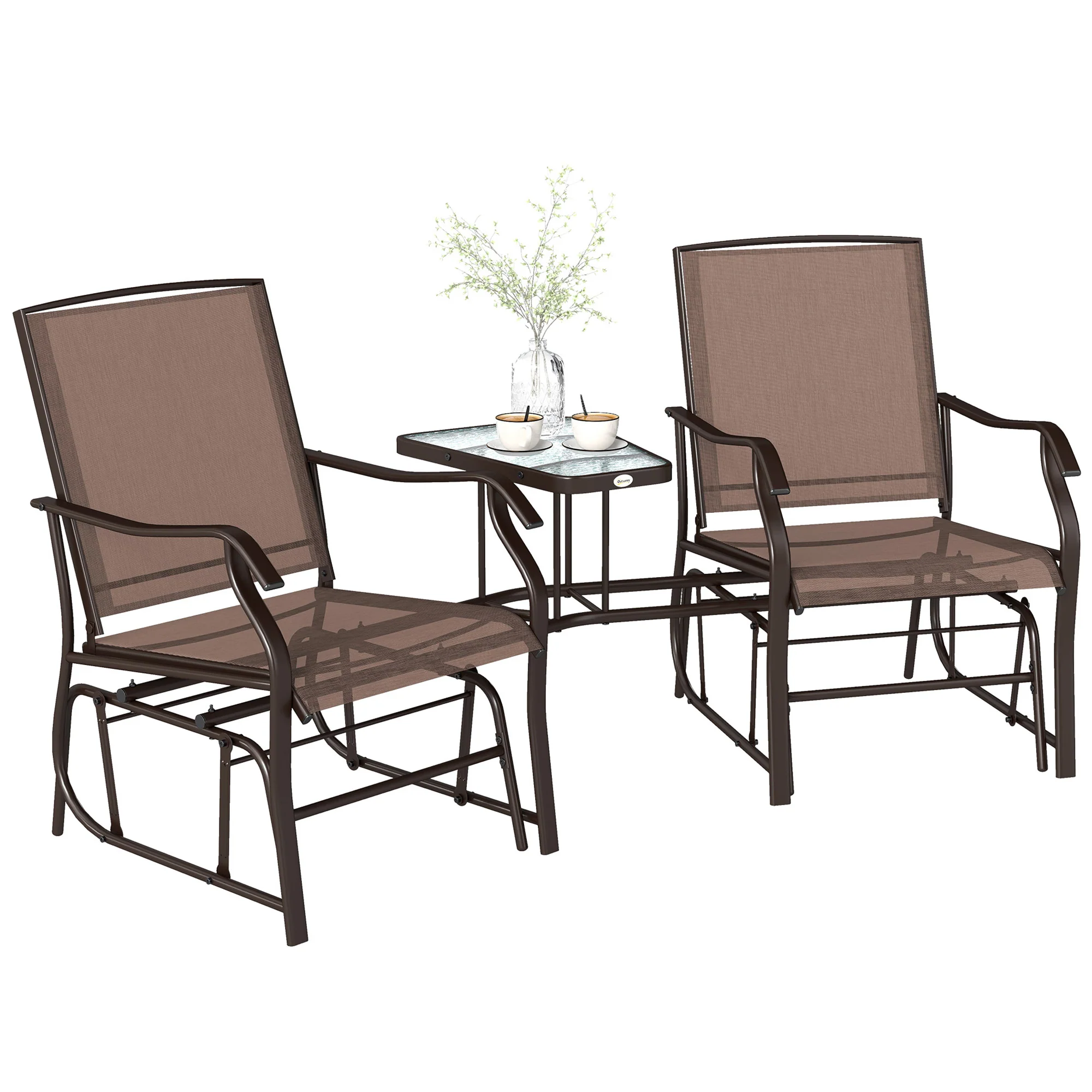 Double Patio Glider Chair with Glass Top Center Table, All Weather Breathable Mesh Fabric, Brown